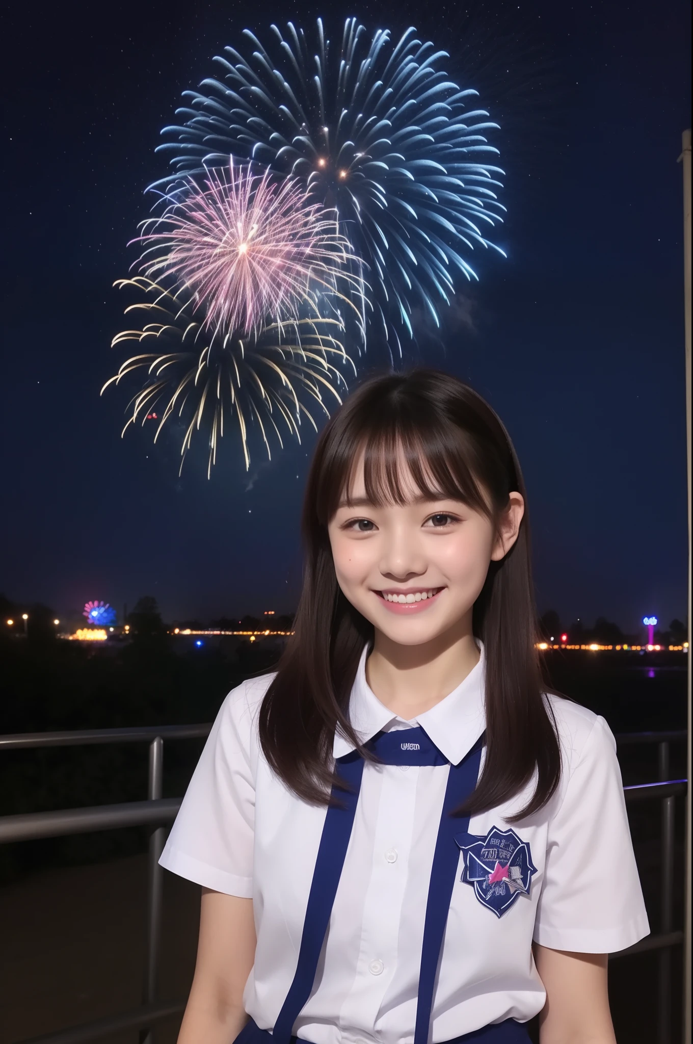 A smile、hi-school girl、校服、shortsleeves、An amusement park、While doing fireworks、starrysky、Aurora、Idol