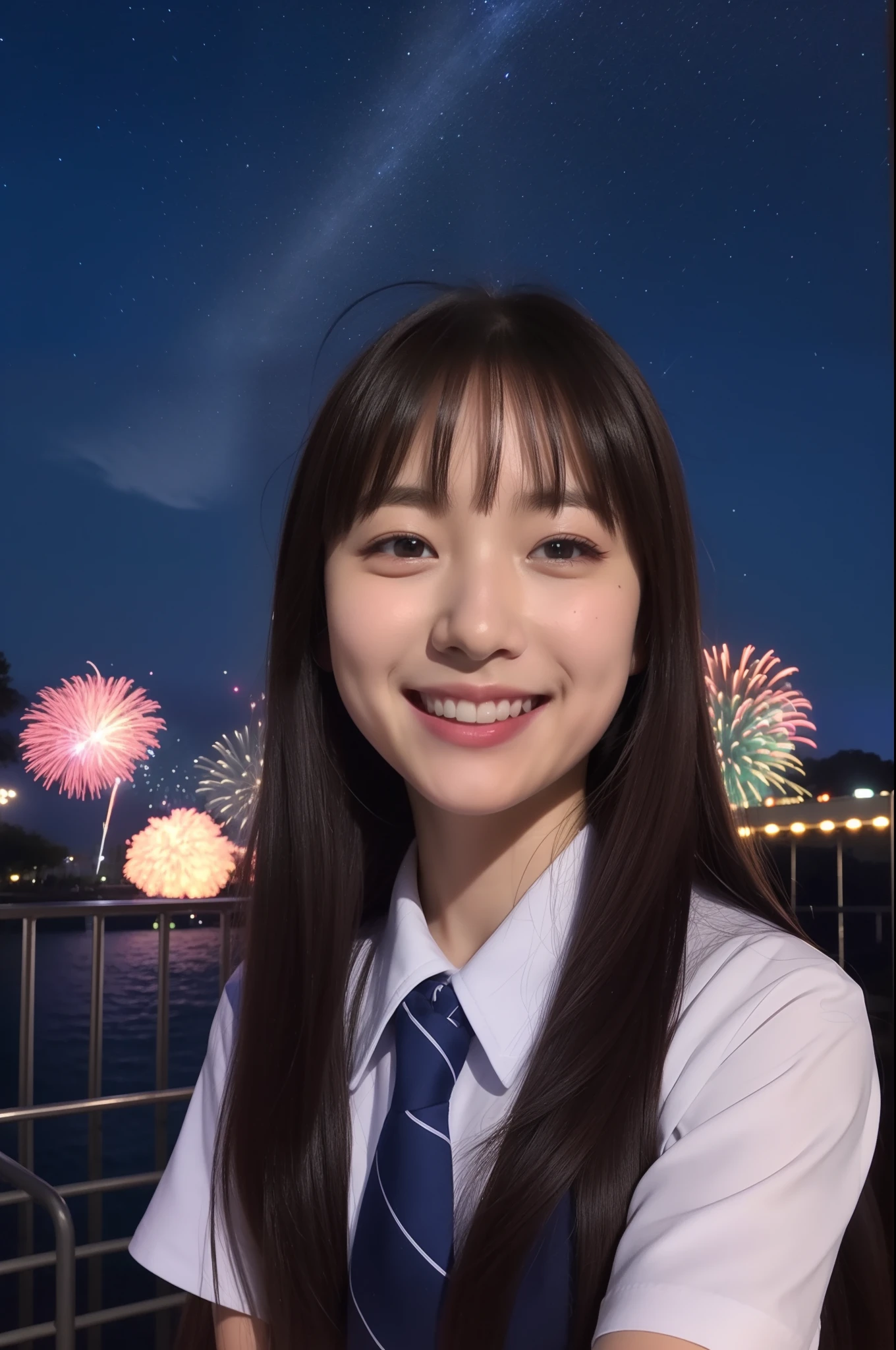 A smile、hi-school girl、校服、shortsleeves、An amusement park、While doing fireworks、starrysky、Aurora、Idol
