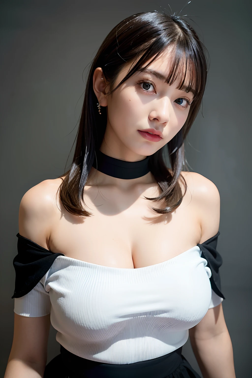 best quality, ultra high res, (photorealistic:1.4), 1girl, off-shoulder white shirt, black tight skirt, black choker, (faded ash gray hair:1), (huge breasts:1.2), looking at viewer, closeup, milf, large breasts