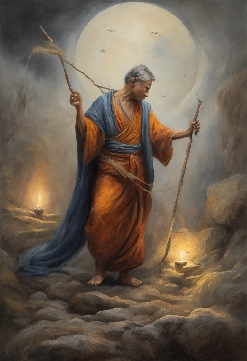 masterpiece, best quality, ultra-detailed, illustration, portrait of Buddhist monk, solo, fantasy, flying, broom, night sky, outdoors, magic, spells, moon, stars, clouds, wind, cape, broomstick, glowing, mysterious, enchanting, whimsical, playful, adventurous, freedom, wonder, imagination, determination, skill, speed, movement, energy, realism, naturalistic, figurative, representational, beauty, fantasy culture, mythology, fairy tales, folklore, legends, witches, wizards, magical creatures, fantasy worlds, composition, scale, foreground, middle ground, background, perspective, light, color, texture, detail, beauty, wonder.