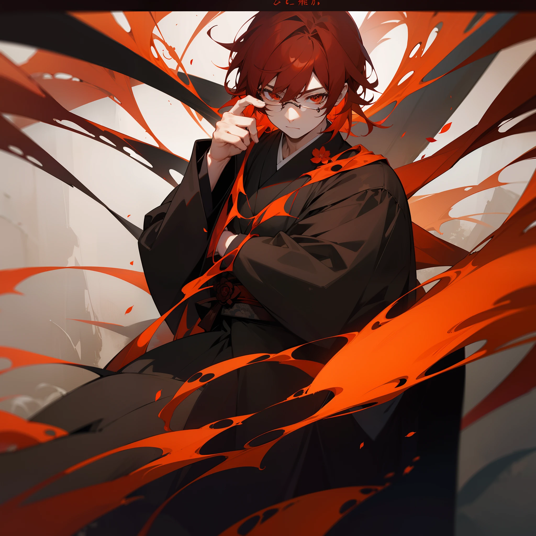 a dark night、Under red, Higan flower、Reunion with the lost past、Silent death。In illusions、End of time、florals、Black and Red World、Japanese dress、male people、Black and orange hair、Top image quality、supreme、eye glass