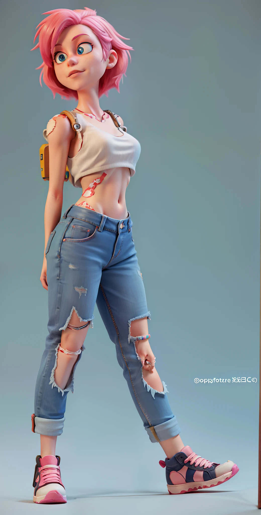 a cartoon girl with pink hair and jeans posing for a photo, casual pose, blue jeans. unreal 5, ripped jeans, realistic anime 3 d style, 8 k highly detailed ❤🔥 🔥 💀 🤖 🚀, 3 d animated, 3d animated, realistic 3 d style, 4 k human detailed!!!, photorealistic full body, realistic shaded perfect body