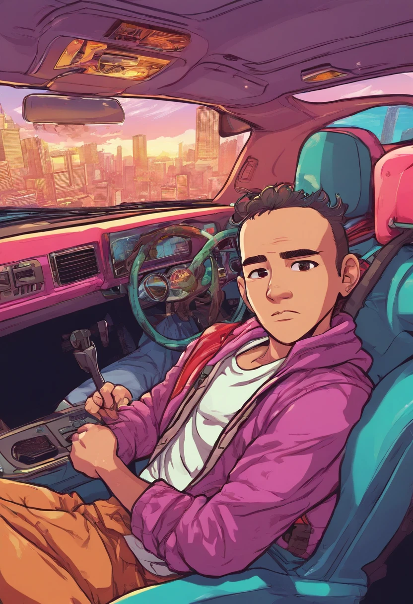 teenage boy inside a car, talking to his father who is driving, super detailed image, manga style, full hd