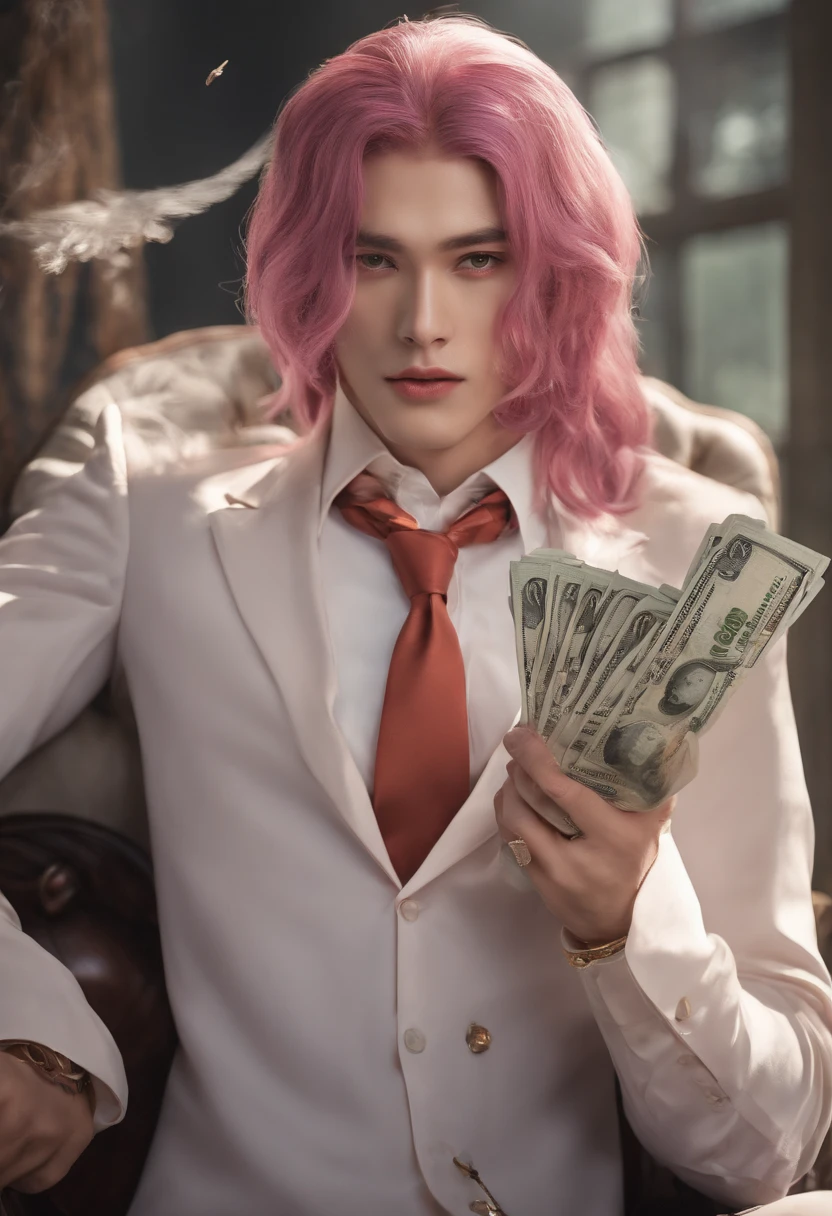 male people、Beautiful skin、long eyelashes、Staring at me、Pink Hair、length hair、Holding a wad of money、bewitching、shirt、neck tie、long limbs、Wolfcut、smoking tobacco、murky