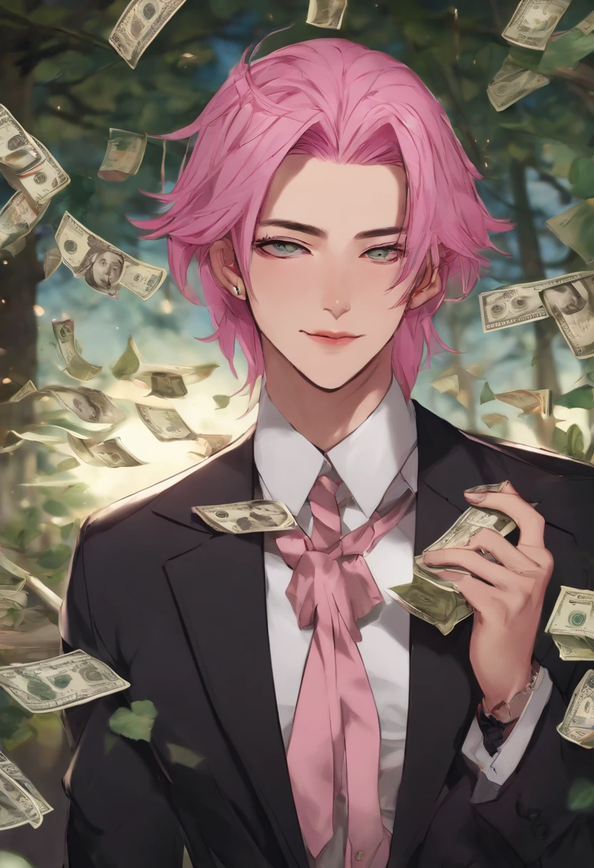male people、Beautiful skin、long eyelashes、Staring at me、Pink Hair、length hair、Holding a wad of money、bewitching、shirt、neck tie、long limbs、Wolfcut、smoking tobacco、murky