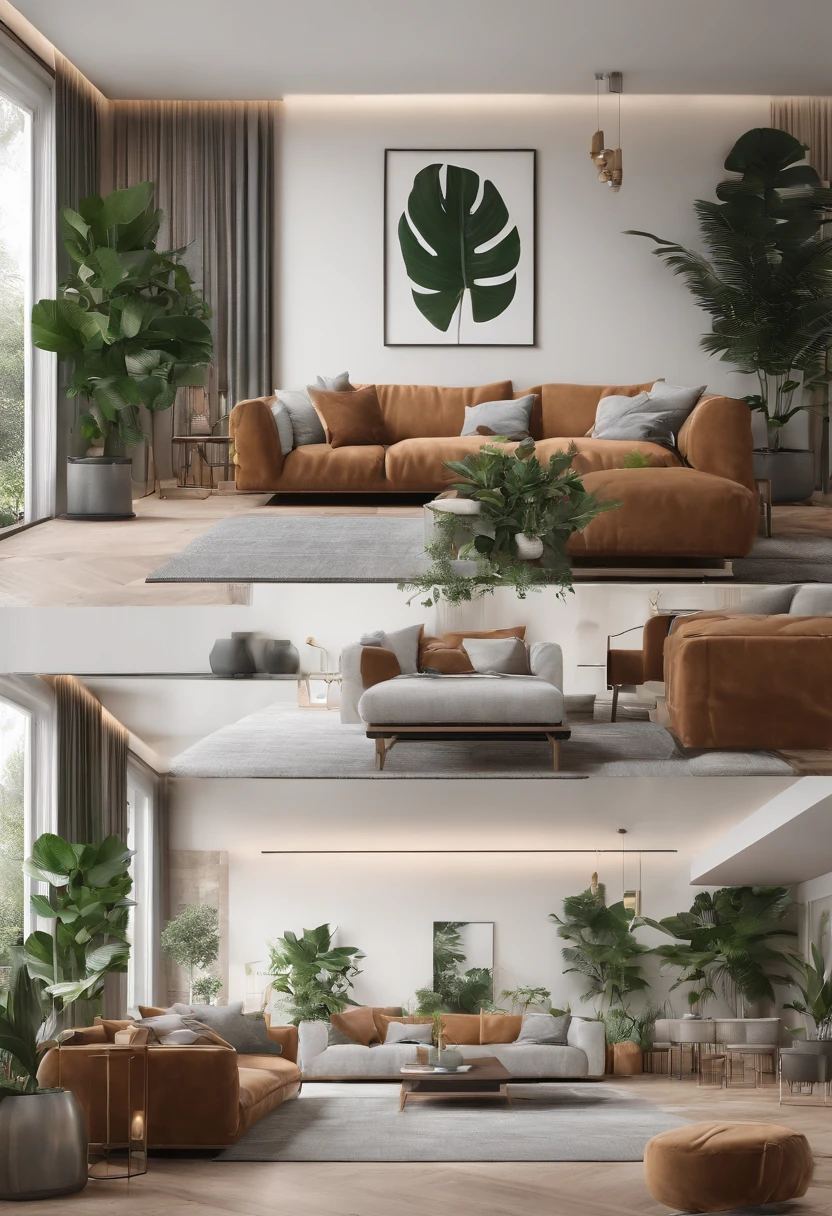 You are a famous interior designer，and commissioned to create a 3D image of a modern large room. Create a harmonious environment with modern and minimalist furniture. Some houseplants are included，Make it look fresher.