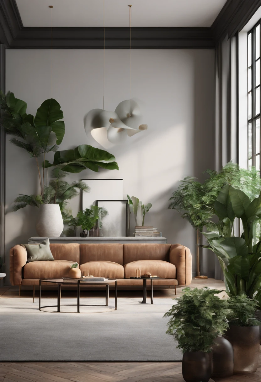 You are a famous interior designer,and commissioned to create a 3D image of a modern large room. Create a harmonious environment with modern and minimalist furniture. Some houseplants are included,Make it look fresher.