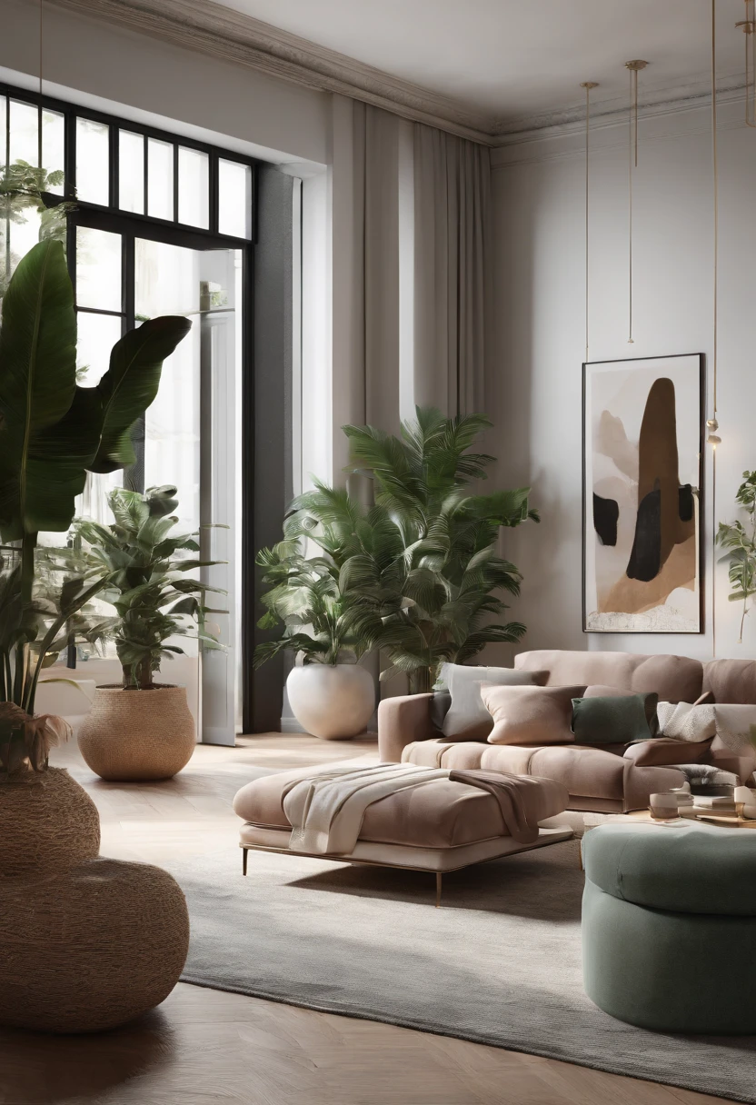 You are a famous interior designer,and commissioned to create a 3D image of a modern large room. Create a harmonious environment with modern and minimalist furniture. Some houseplants are included,Make it look fresher.