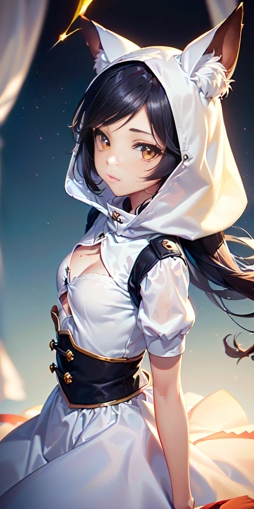 ((volumetric illumination, Las mejores sombras, Portrait Of Stunningly Beautiful Girl, little guy, Delicate beautiful attractive and symmetrical face with attractive yellow eyes, pecho redondos, senos medianos, Pelo corto de color naranja, Cintura delgada, En pie, (highest qualityr, Detalles asombrosos:1.25), (solamente:1.3), Pinturas coloridas brillantes, Personaje de anime con cola de zorro, Una hermosa dama zorro, Una hermosa mujer Kitsune, retrato, (minifalda corta, levanta la falda), sudadera con capucha blanca, Sudadera con capucha azul y blanca))