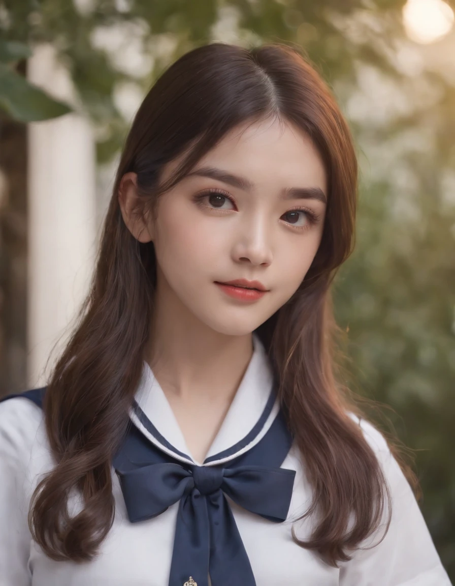best quality, 1girl, long hair, beautiful eyes,(( school shirt)), a sailor suit,Dark blue pleated skirt,sailor collar, neckerchief, short sleeves, white skirt, Film grain, chromatic abberation, Sharp Focus, face lights, Dynamic lighting,, ((upper body)), standing, outdoors, medium shot, high quality photo.