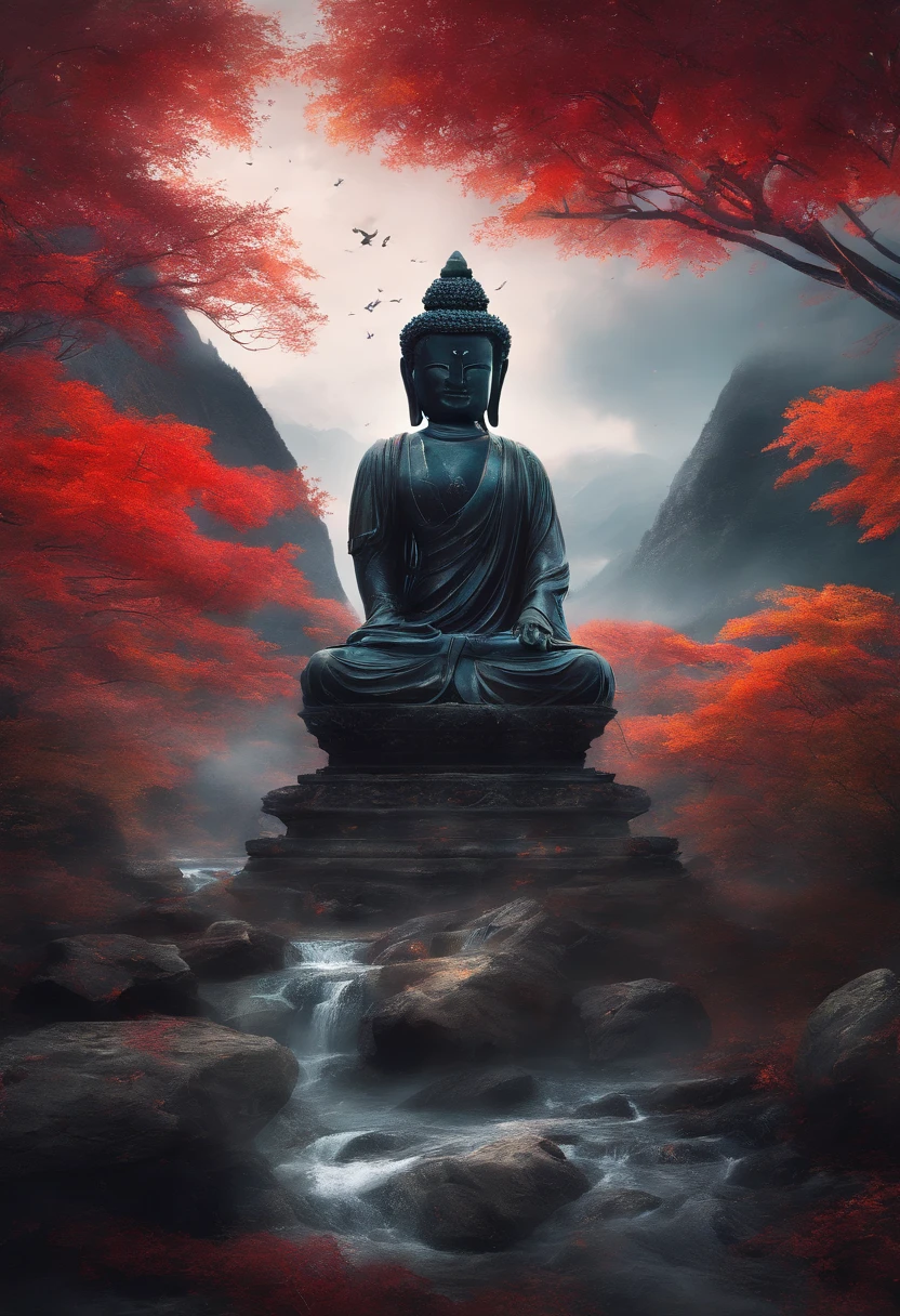 dark stormy clouds,Deep in the mountains stands a tall stone statue of Shakyamuni,Solemn and sacred,well dressed,The law is solemn,facing to audience,Mountains in the distance,Maple leaves in late autumn are red,Concept photography,Rich imagination,Extremely rich picture detail,8k wallpaper,A masterpiece of photography