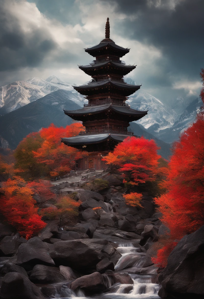 dark stormy clouds,Deep in the mountains stands a tall stone statue of Shakyamuni,Solemn and sacred,well dressed,The law is solemn,facing to audience,Mountains in the distance,Maple leaves in late autumn are red,Concept photography,Rich imagination,Extremely rich picture detail,8k wallpaper,A masterpiece of photography