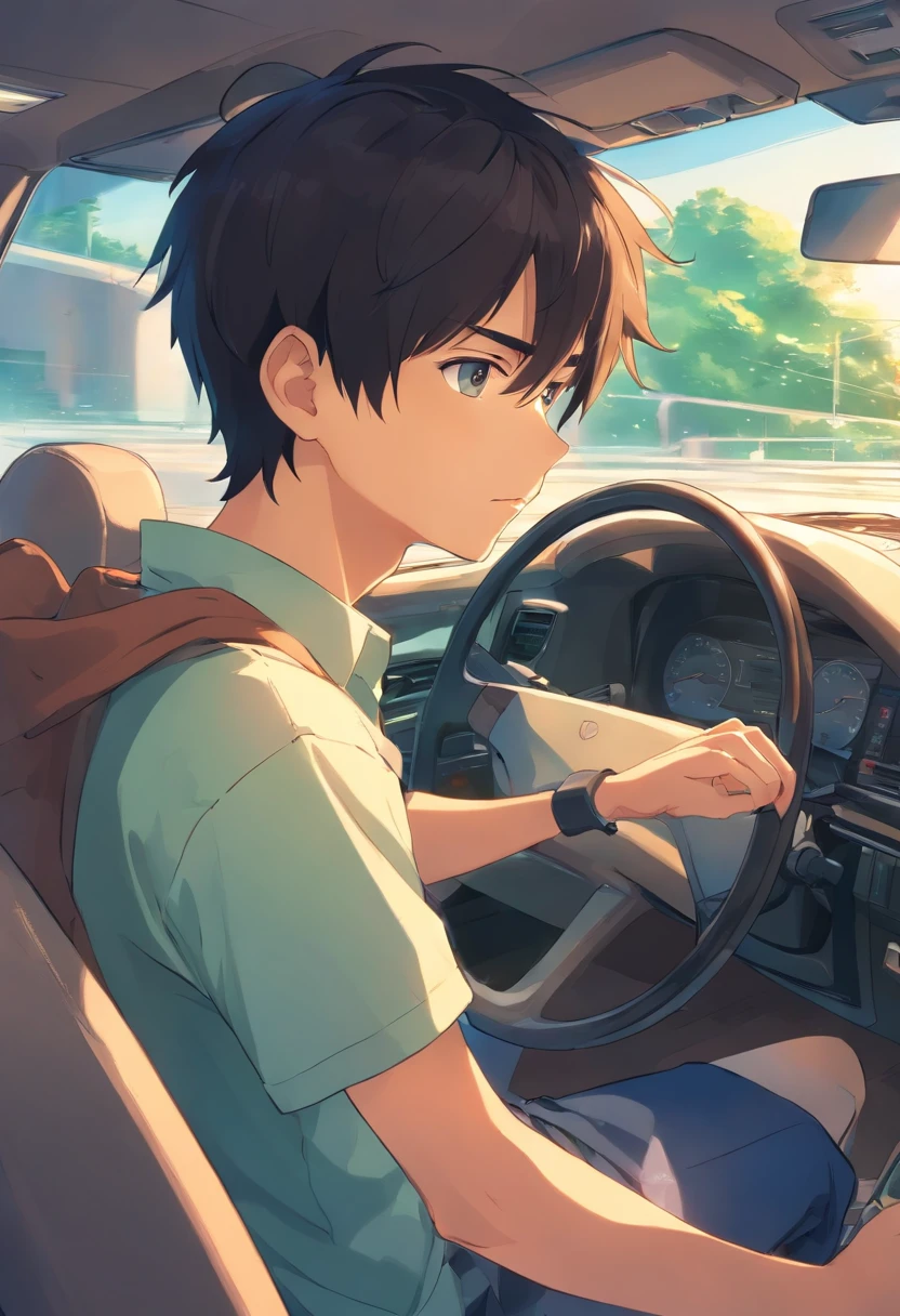 teenage boy inside a car, talking to his father who is driving, super detailed image, manga style, full hd