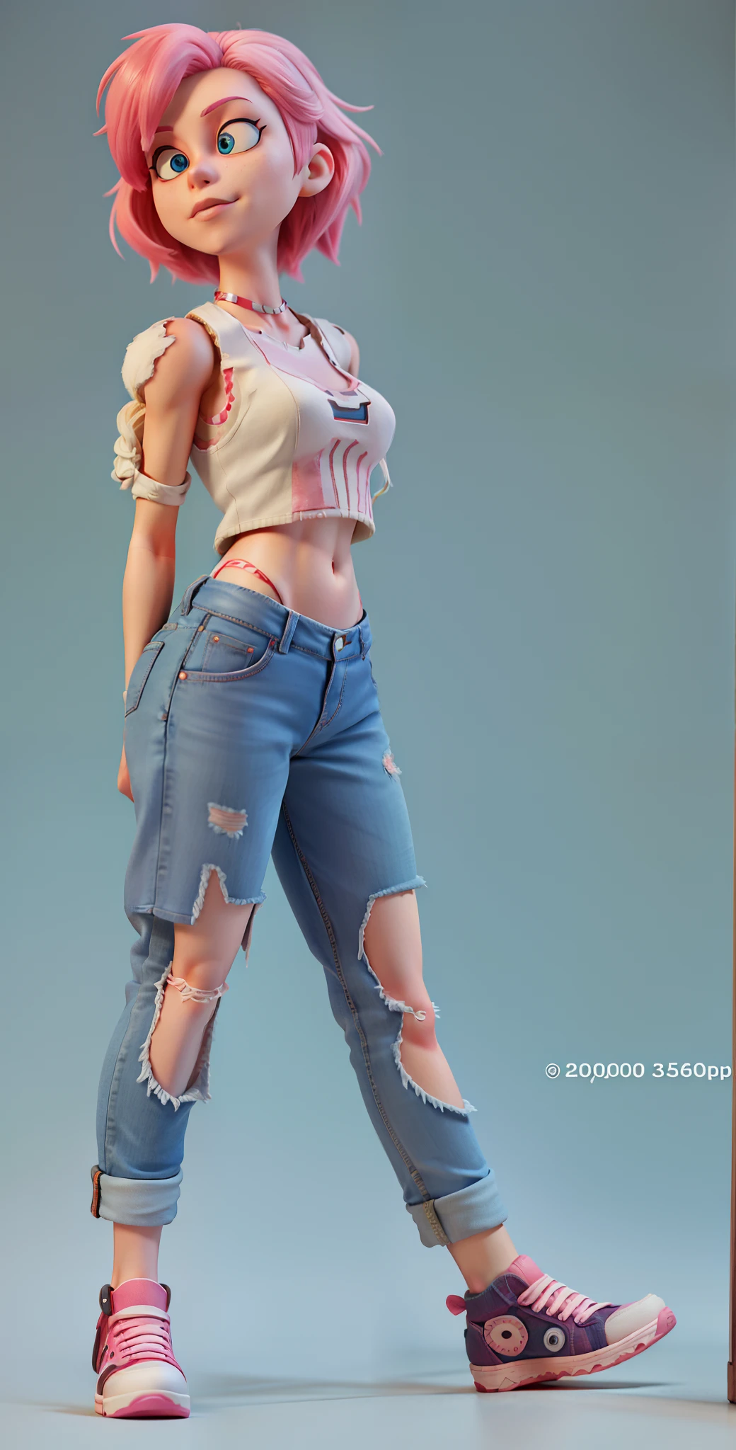 a cartoon girl with pink hair and jeans posing for a photo, casual pose, blue jeans. unreal 5, ripped jeans, realistic anime 3 d style, 8 k highly detailed ❤🔥 🔥 💀 🤖 🚀, 3 d animated, 3d animated, realistic 3 d style, 4 k human detailed!!!, photorealistic full body, realistic shaded perfect body