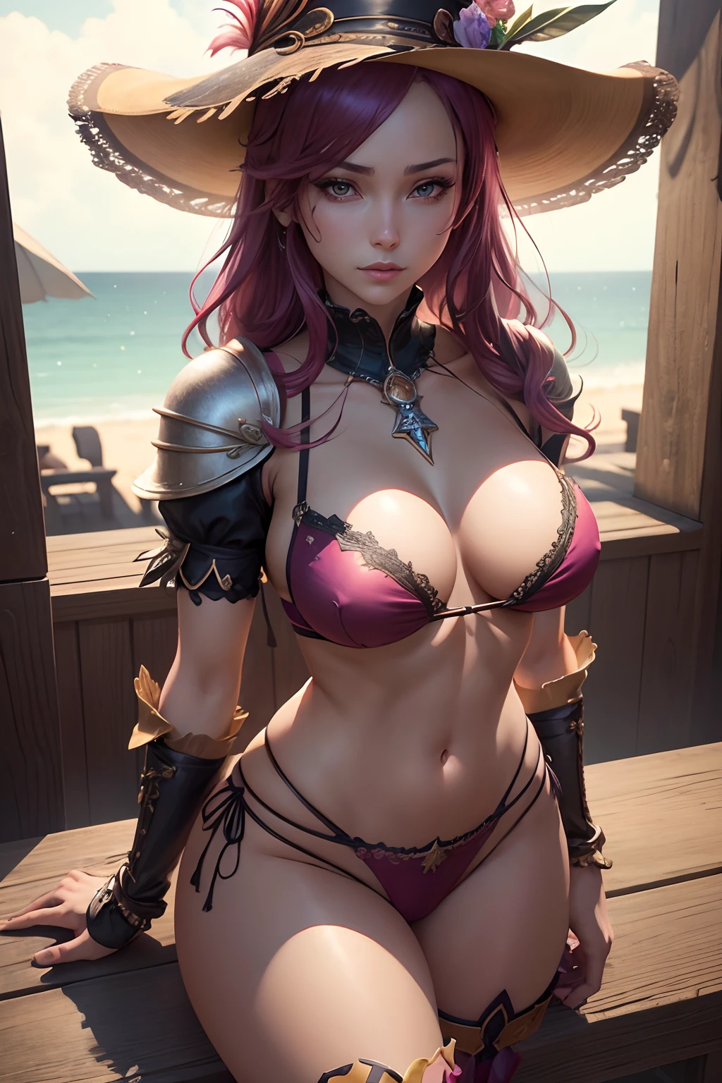 Beautiful Alluring female swashbuckler, Fantasy Theme, Bare Skin, at a port of a tropical island, frilly fancy patterned colorful bikini, leather straps, feathered hat, anatomically correct, cleavage, frilly socks and gloves, barely clothed, Beautiful D&D Character Portrait, swashbuckler theme, fantasy theme, Detailed, Digital Art, Extreme Detail, Polished, Beautiful, Hyperdetailed, Intricate, Elaborate, Meticulous, Anime Character, Detailed, Anime Face, Sharp Focus, Unreal Engine, 3d Rendered, Volumetric Lighting, Reflections, Glossy, Digital Illustration, Sensual Pose, Suggestive Pose, Full Body Shot, 💖❤💕💋❣