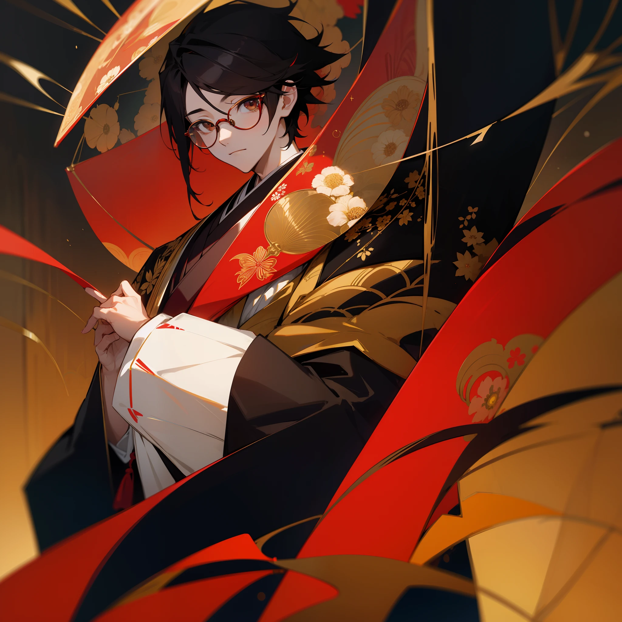 florals、Black World, red and gold、Japanese dress、male people、A dark-haired、Top image quality、supreme、eye glass