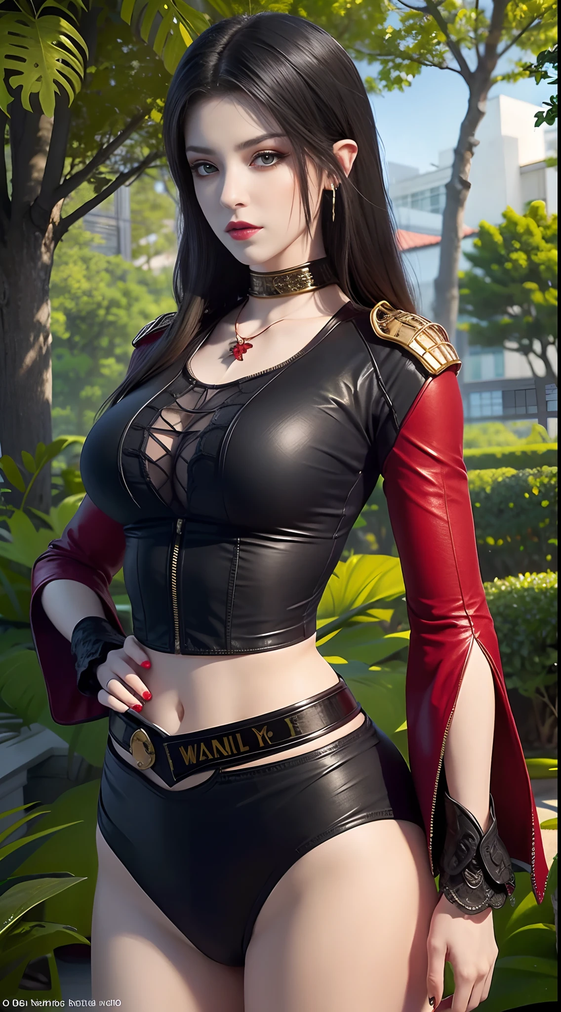 Photorealistic, high resolution, 1 woman, hips up, Beautiful eyes, Long hair, ringed eyes, jewelry, tattoo, school uniform, in a garden,very tight uniform,huge boobs ,thin waist,sexy figure,upper body exposed,perfect ass,((red and black uniform)),deess is digged inside woman's ass,full tight hips,((front view)),((close up))