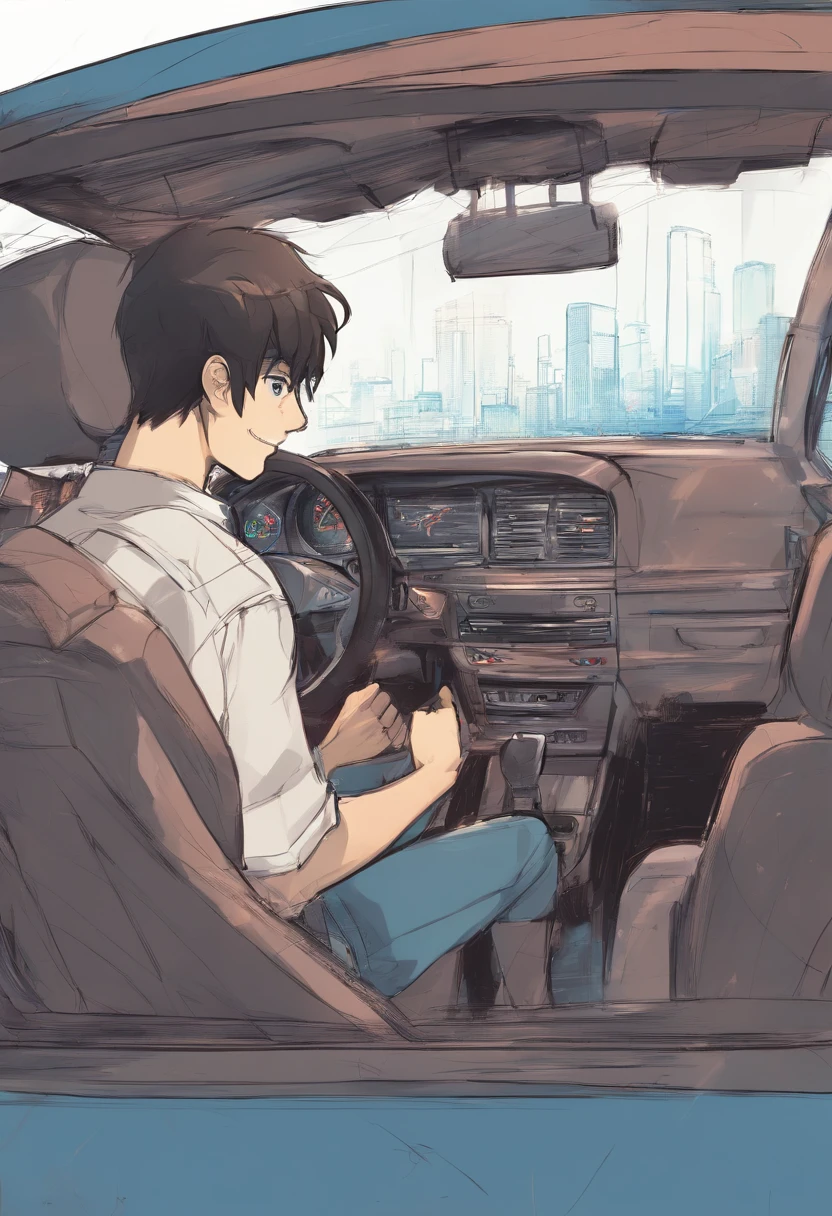 age boy inside a car, talking to his father who is driving, super detailed image, manga style, full hd