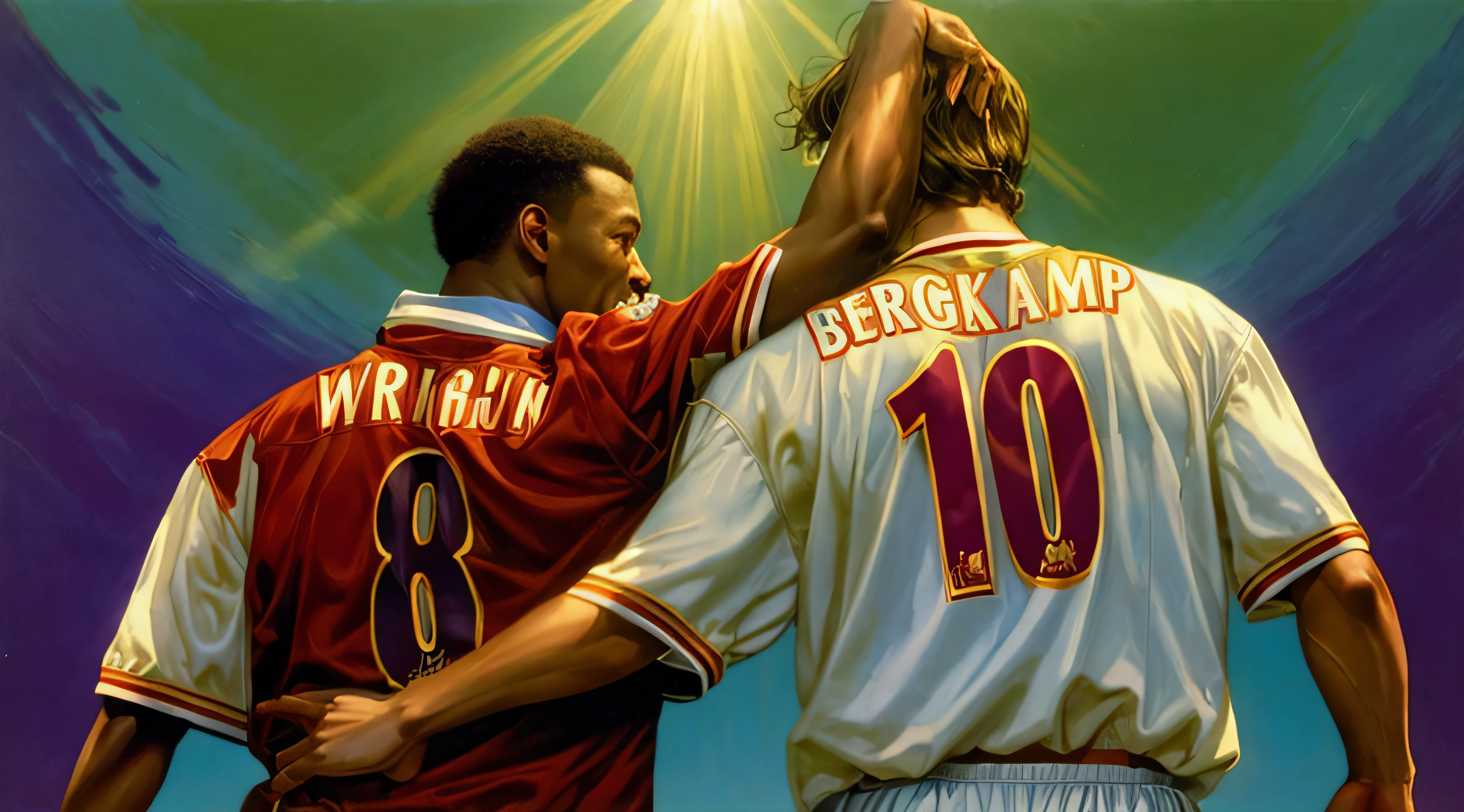 ian Wright and dennis Bergkamp are congratulating each other after a game, by Arnold Bronckhorst, the best ever, retro 9 0 s, 1996, 1 9 9 6, inspired by Arnold Bronckhorst, 1998, 1 9 9 8, summer sunlight, john picacio and brom, advert, 1994, 1 9 9 4,High detailed