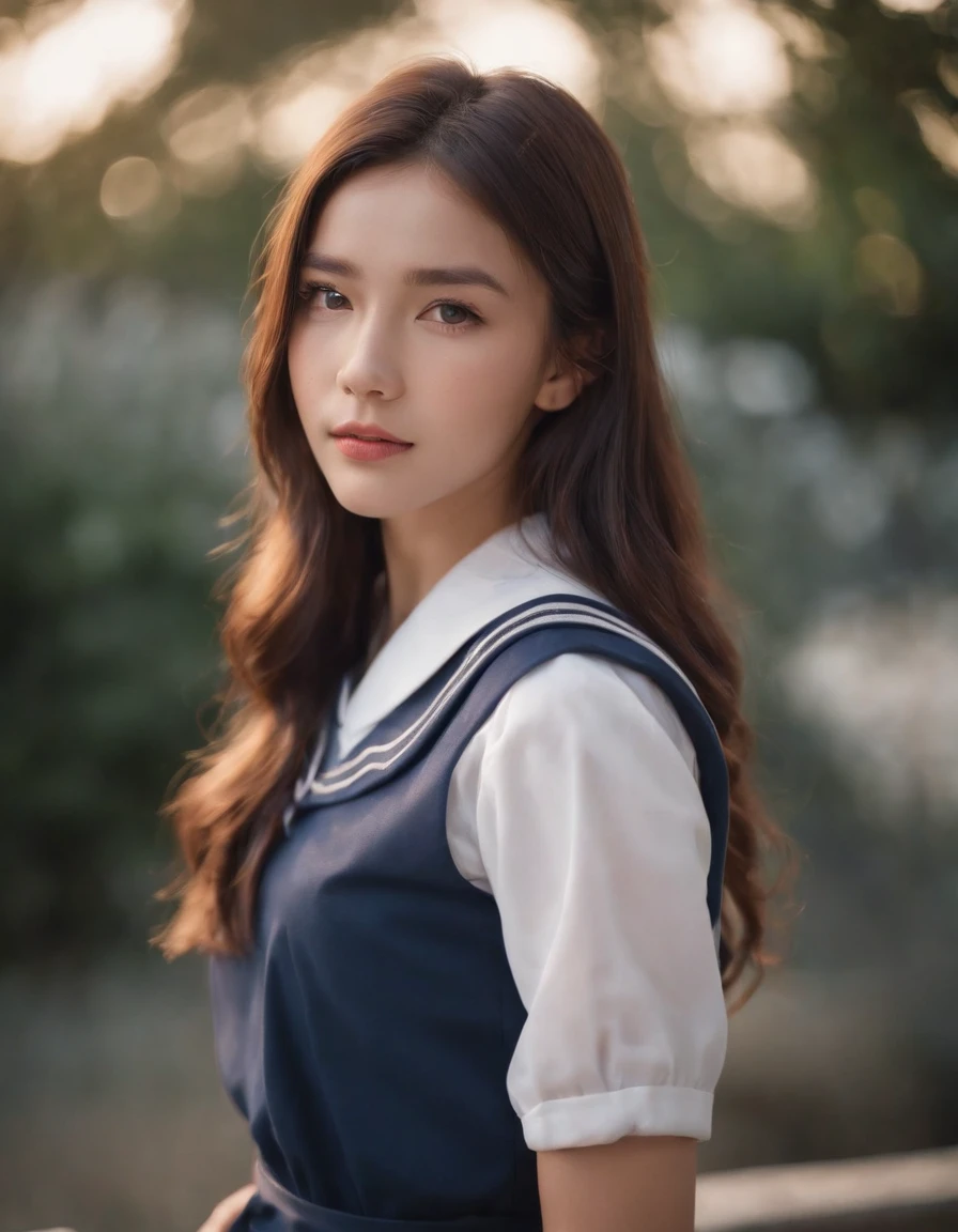 best quality, 1girl, long hair, beautiful eyes,(( school shirt)), a sailor suit,Dark blue pleated skirt, Film grain, chromatic abberation, Sharp Focus, face lights, Dynamic lighting,, ((upper body)), standing, outdoors, medium shot, high quality photo.