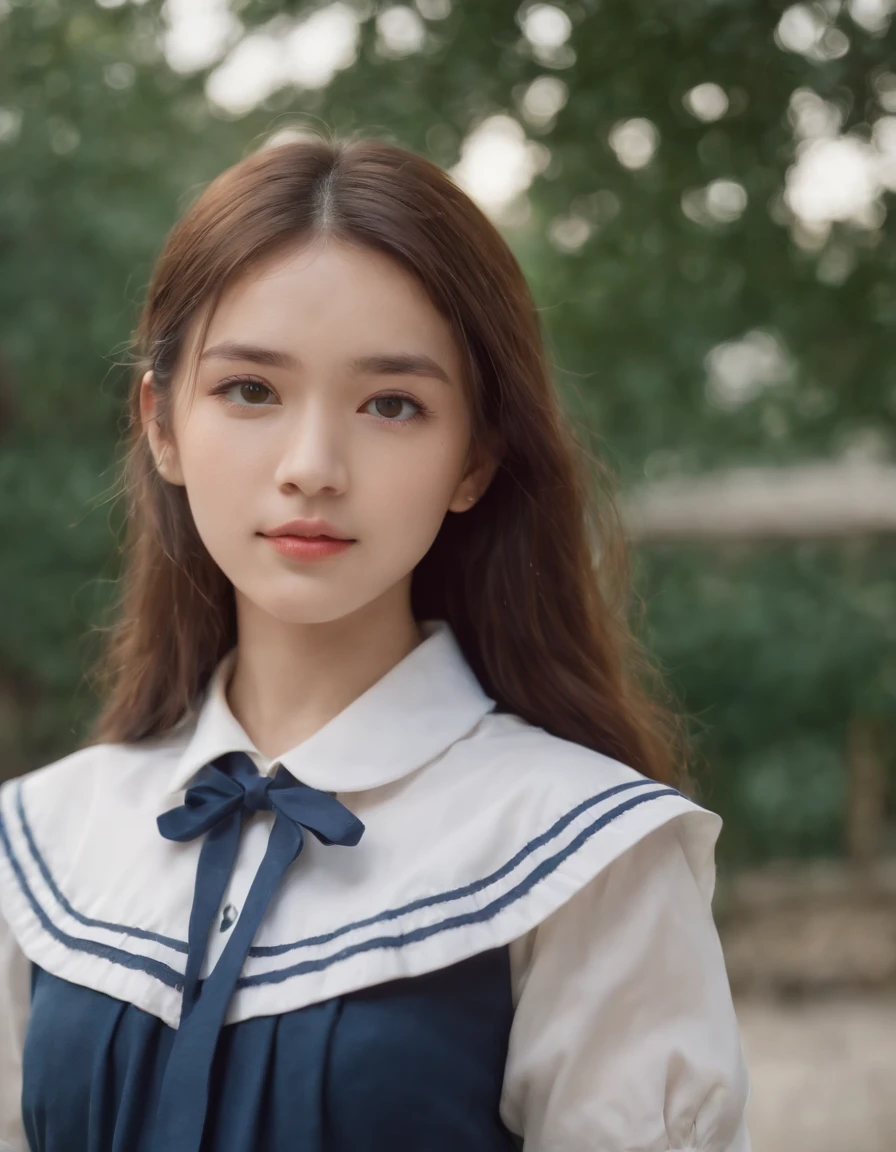 best quality, 1girl, long hair, beautiful eyes,(( school shirt)), a sailor suit,Dark blue pleated skirt, Film grain, chromatic abberation, Sharp Focus, face lights, Dynamic lighting,, ((upper body)), standing, outdoors, medium shot, high quality photo.