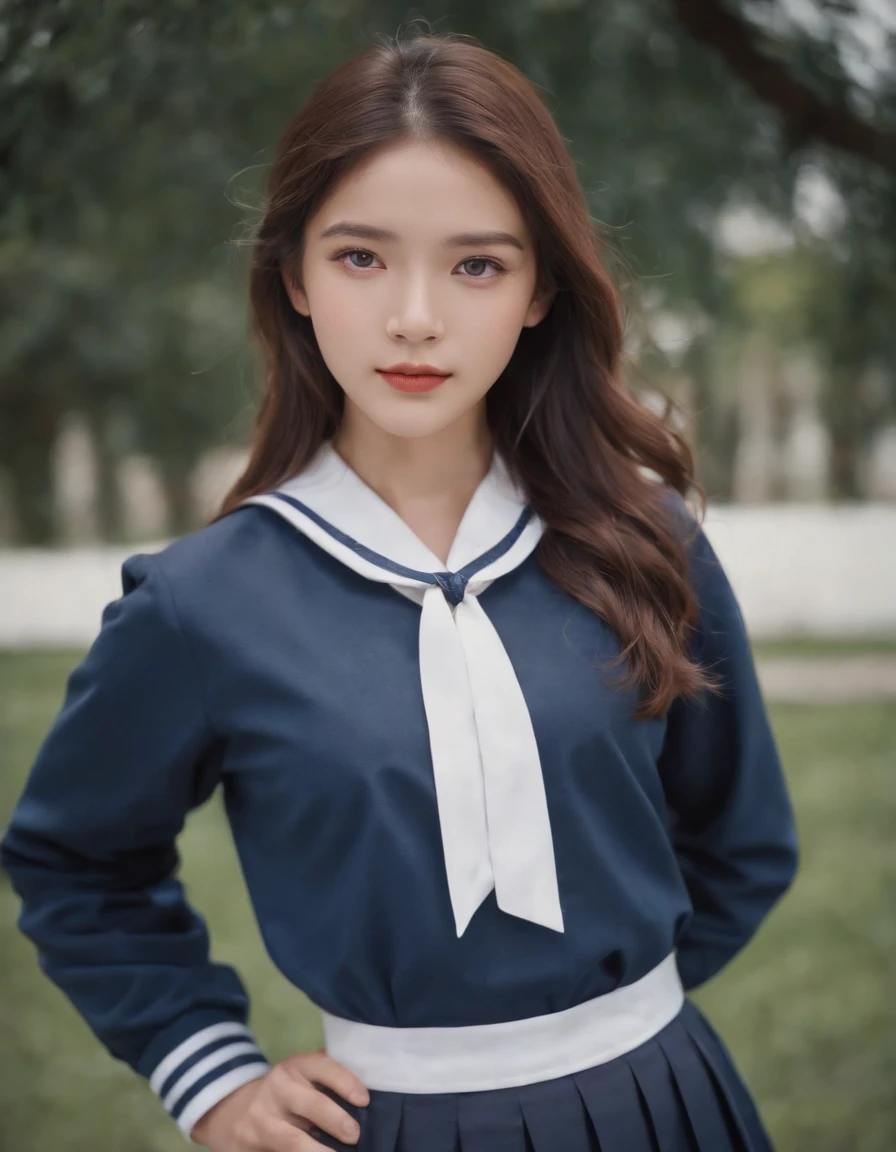 best quality, 1girl, long hair, beautiful eyes,(( school shirt)),  a sailor suit,Dark blue pleated skirt, Film grain, chromatic abberation, Sharp Focus, face lights, Dynamic lighting,, ((upper body)), standing, outdoors, medium shot, high quality photo.