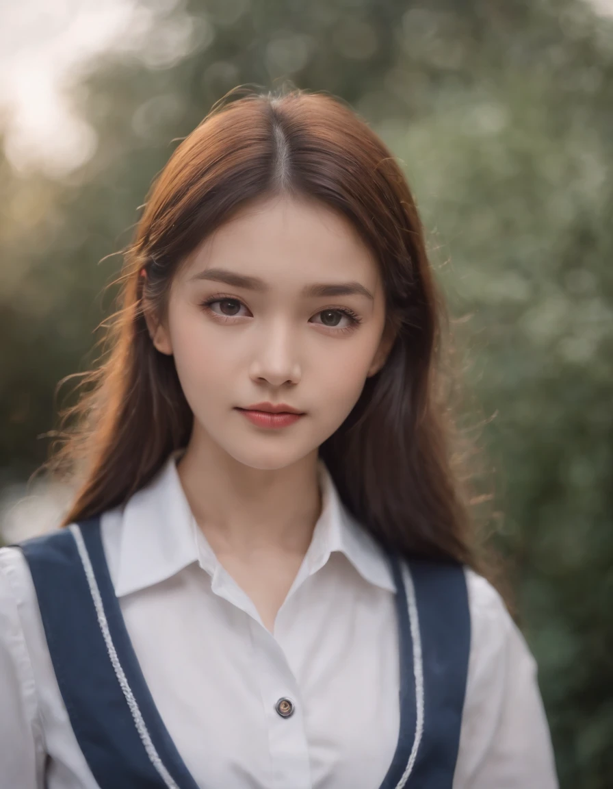 best quality, 1girl, long hair, beautiful eyes,(( school shirt)), a sailor suit,Dark blue pleated skirt, Film grain, chromatic abberation, Sharp Focus, face lights, Dynamic lighting,, ((upper body)), standing, outdoors, medium shot, high quality photo.