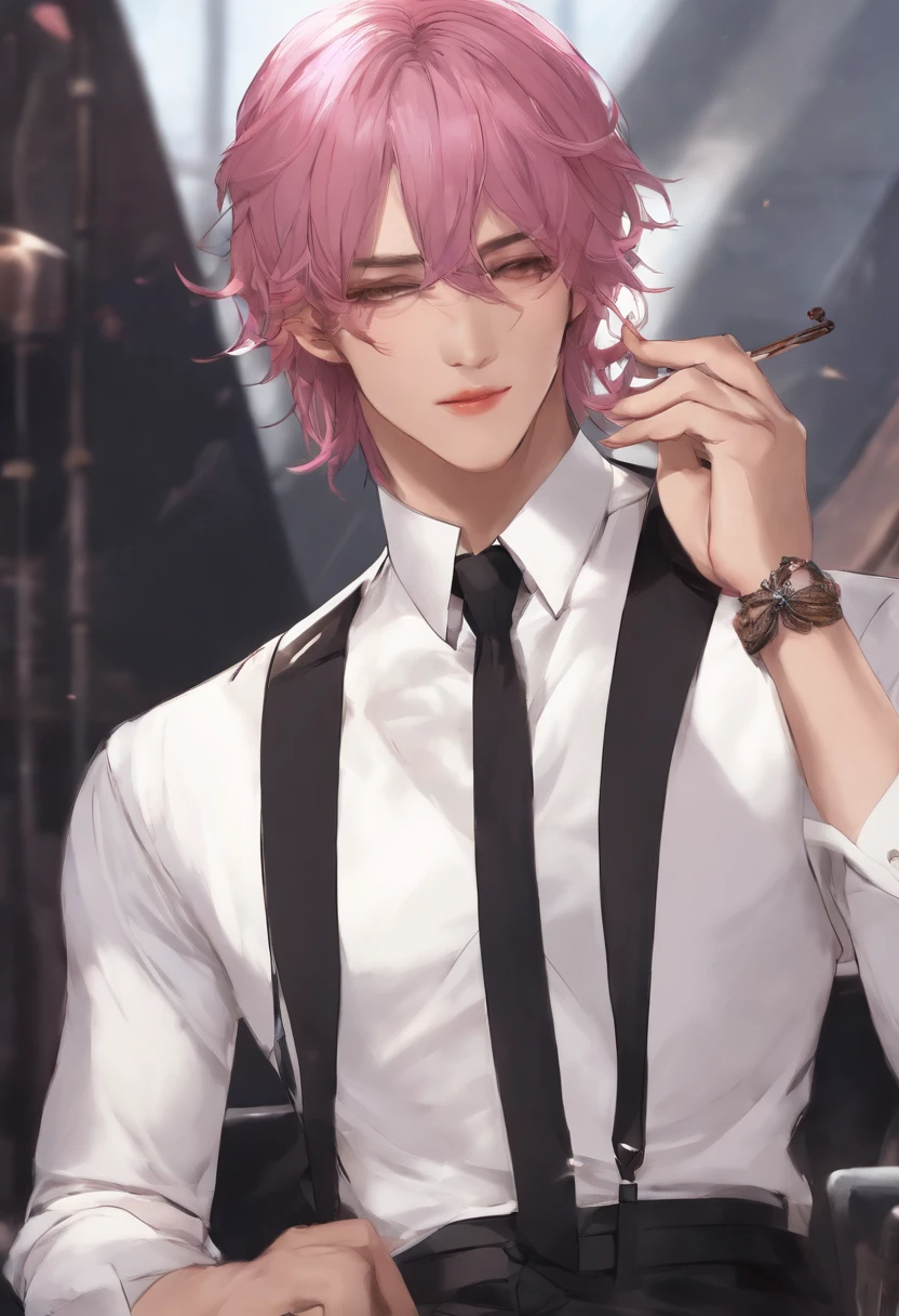 male people、Beautiful skin、long eyelashes、Glaring at me、Pink hair、length hair、Bundles、bewitching、The shirt、neck tie、long limbs、Wolfcut、smoking tobacco、murky、long bangs、Bangs flowing to the right、2guys