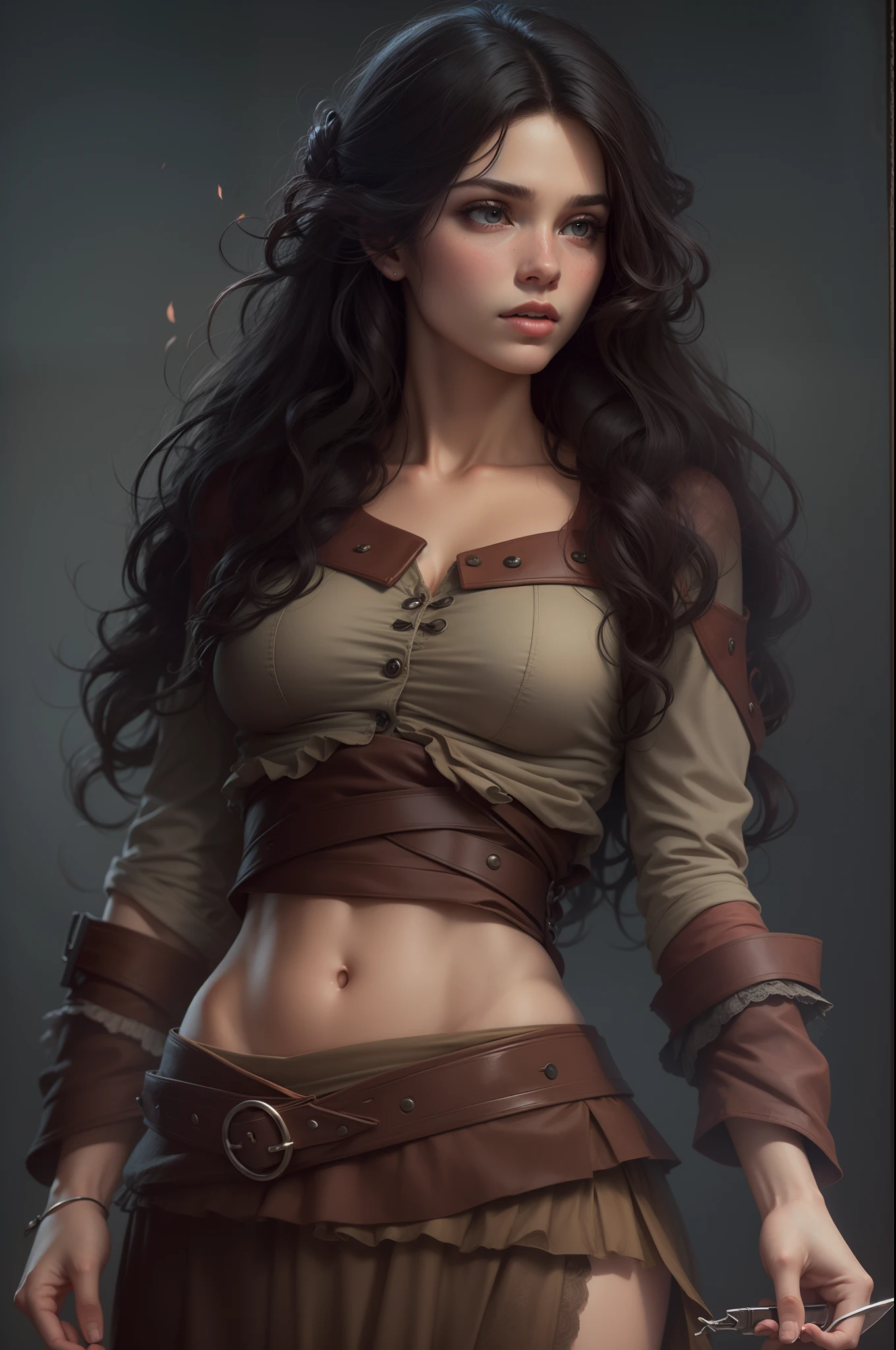Uma mulher adulta com 30 anos, morena com cabelos pretos muito longos, medieval, forte, imagem de corpo inteiro, corpo atletico, Realistic, imagem de alta qualidade, 4k, Ultra HD |, ((master part))), (((melhor qualidade))), ((ultra-detalhado)),(Highly detailed CG illustration), light cinematic, muitos detalhes, texturaas detalhadas, cores em tons claros