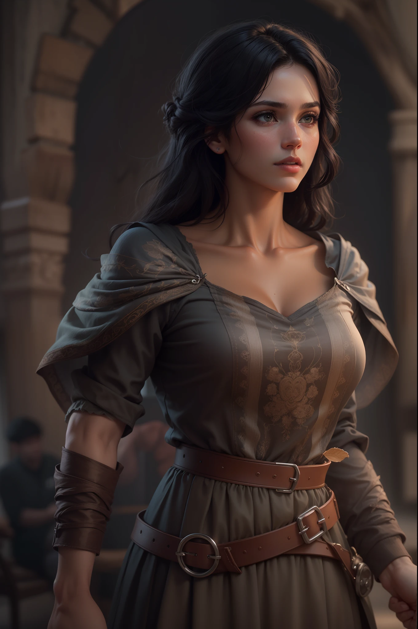 Uma mulher adulta com 30 anos, morena com cabelos pretos muito longos, medieval, forte, imagem de corpo inteiro, corpo atletico, Realistic, imagem de alta qualidade, 4k, Ultra HD |, ((master part))), (((melhor qualidade))), ((ultra-detalhado)),(Highly detailed CG illustration), light cinematic, muitos detalhes, texturaas detalhadas, cores em tons claros