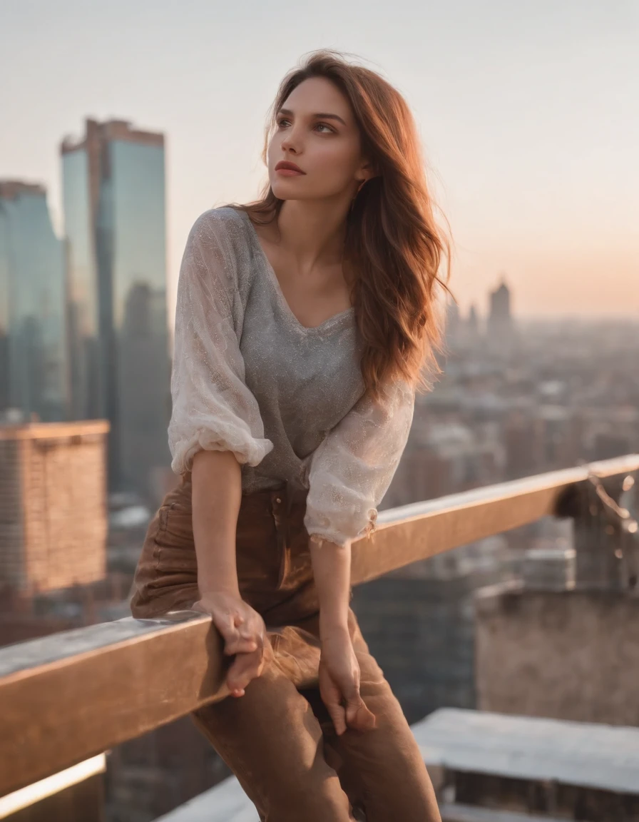 1girl,Balancing on a rooftop ledge, she gazes at the city skyline, a sense of freedom in her heart,cowboy shot,