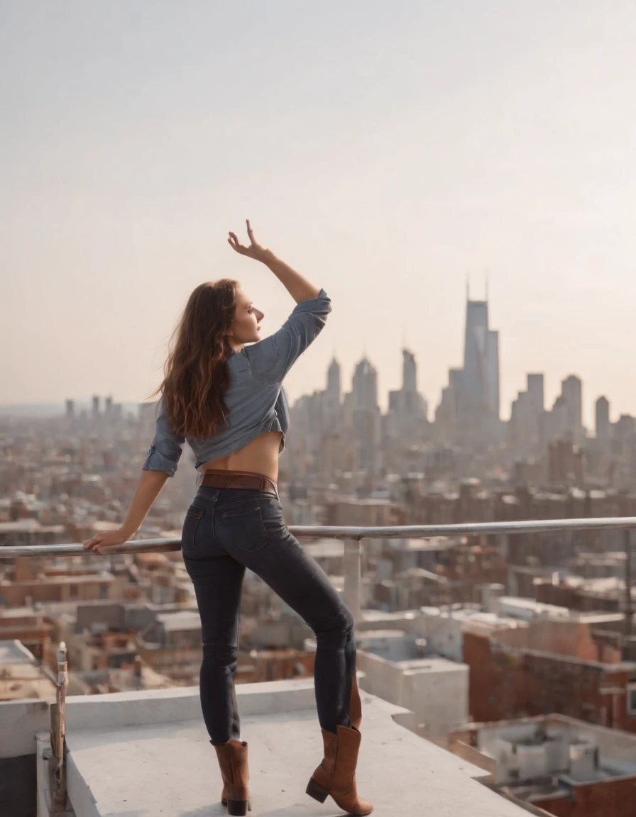 1girl,Balancing on a rooftop ledge, she gazes at the city skyline, a sense of freedom in her heart,cowboy shot,