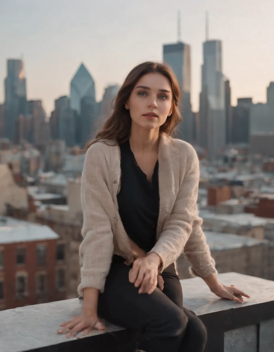 1girl,Balancing on a rooftop ledge, she gazes at the city skyline, a sense of freedom in her heart,cowboy shot,