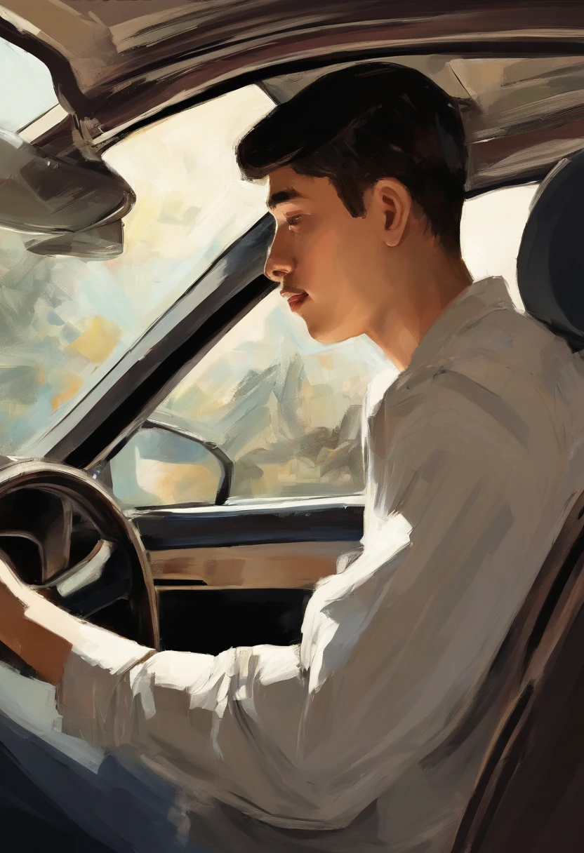 teenage boy inside a car, talking to his father who is driving, super detailed image, manga style, full hd