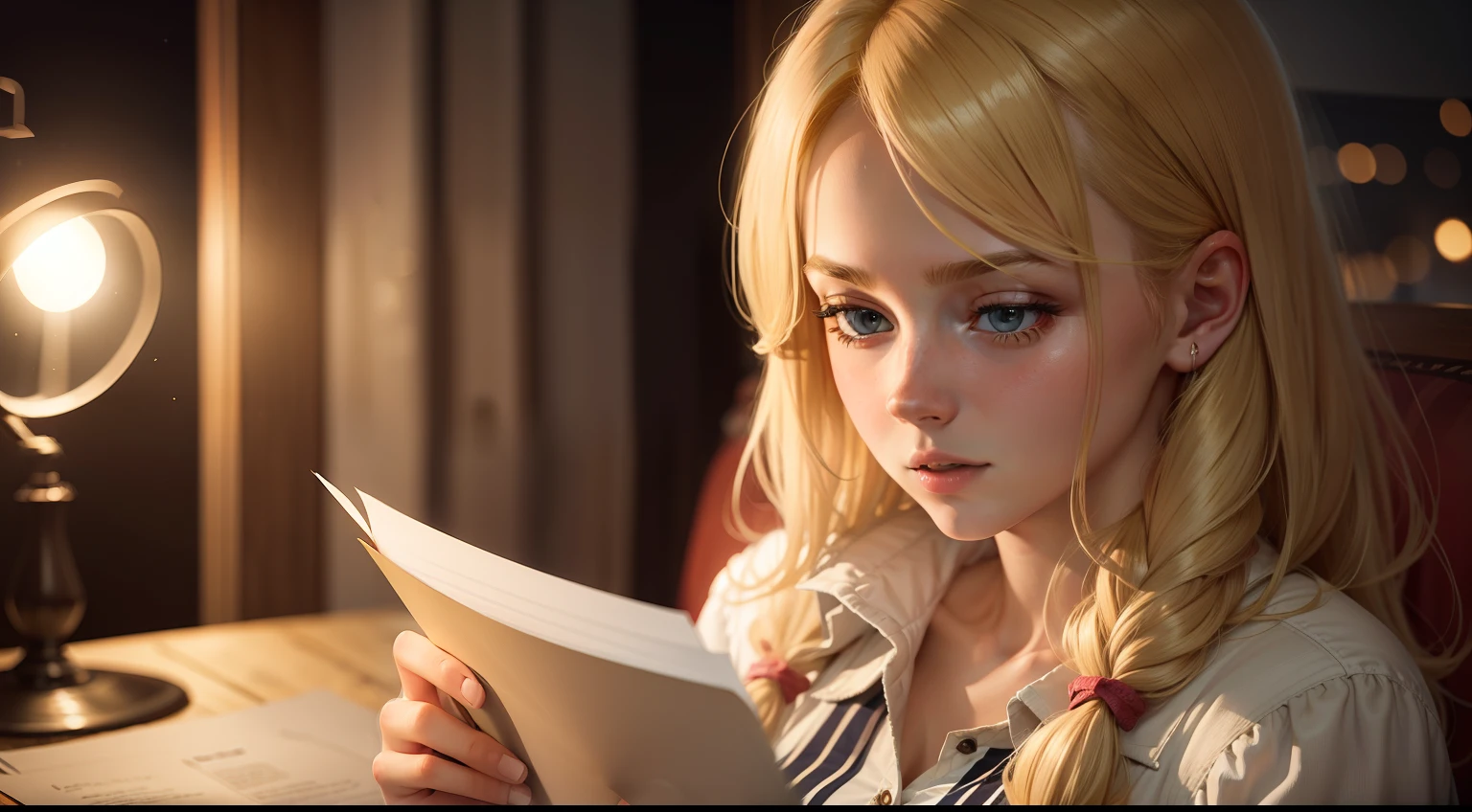 Abigail, a blonde hair young woman reading a letter, at home, at night