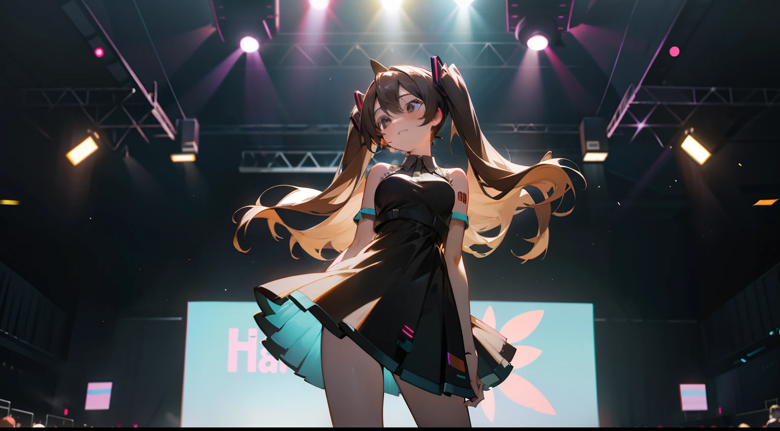 s girl,Love beans,idoly,Stage,facing to audience,Long brown hair,black color dress,short skirt,Light,Subsurface scattering,frontage,toplight,Big breasts Hatsune Miku。