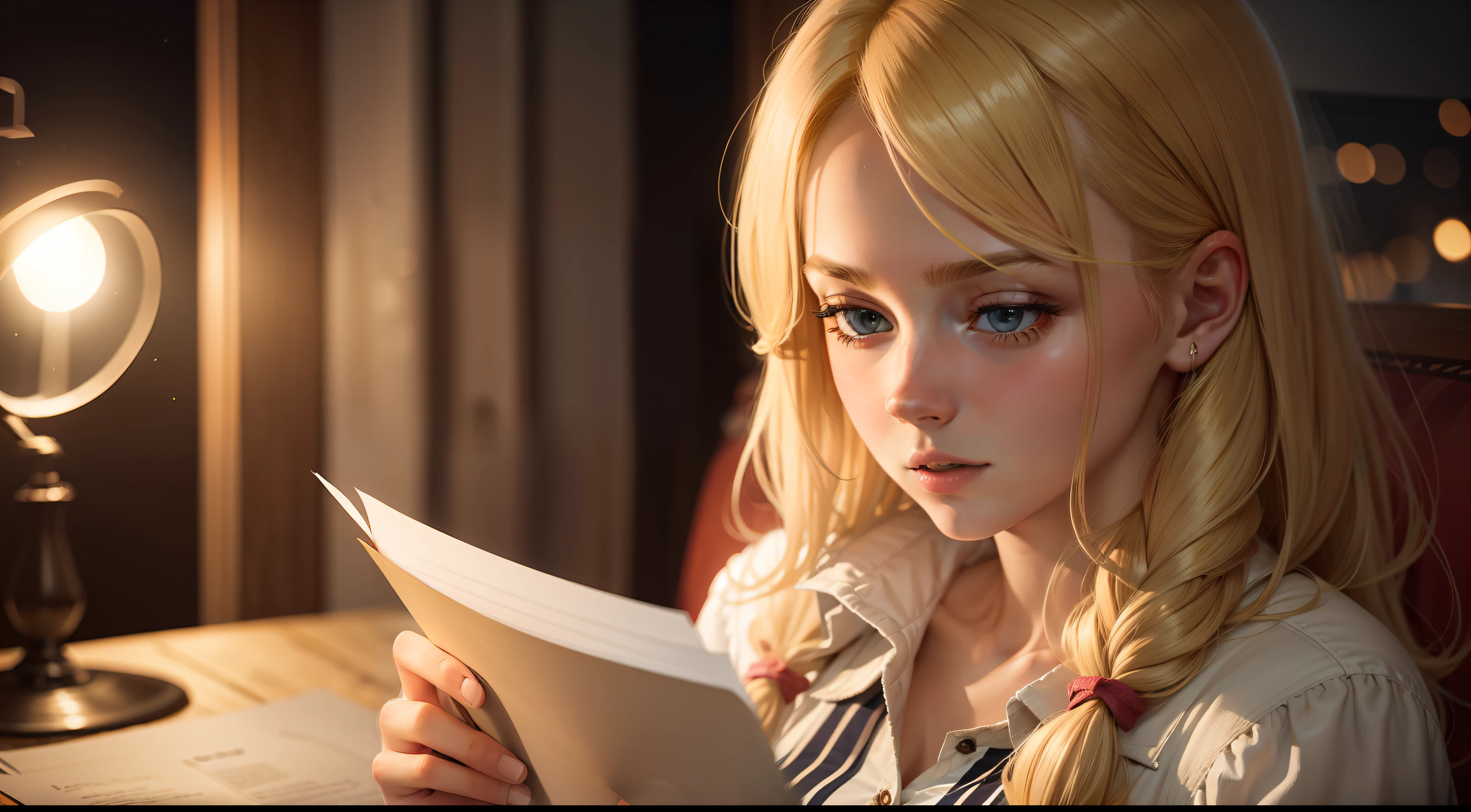 Abigail, a blonde hair young woman reading a letter, at home, at night