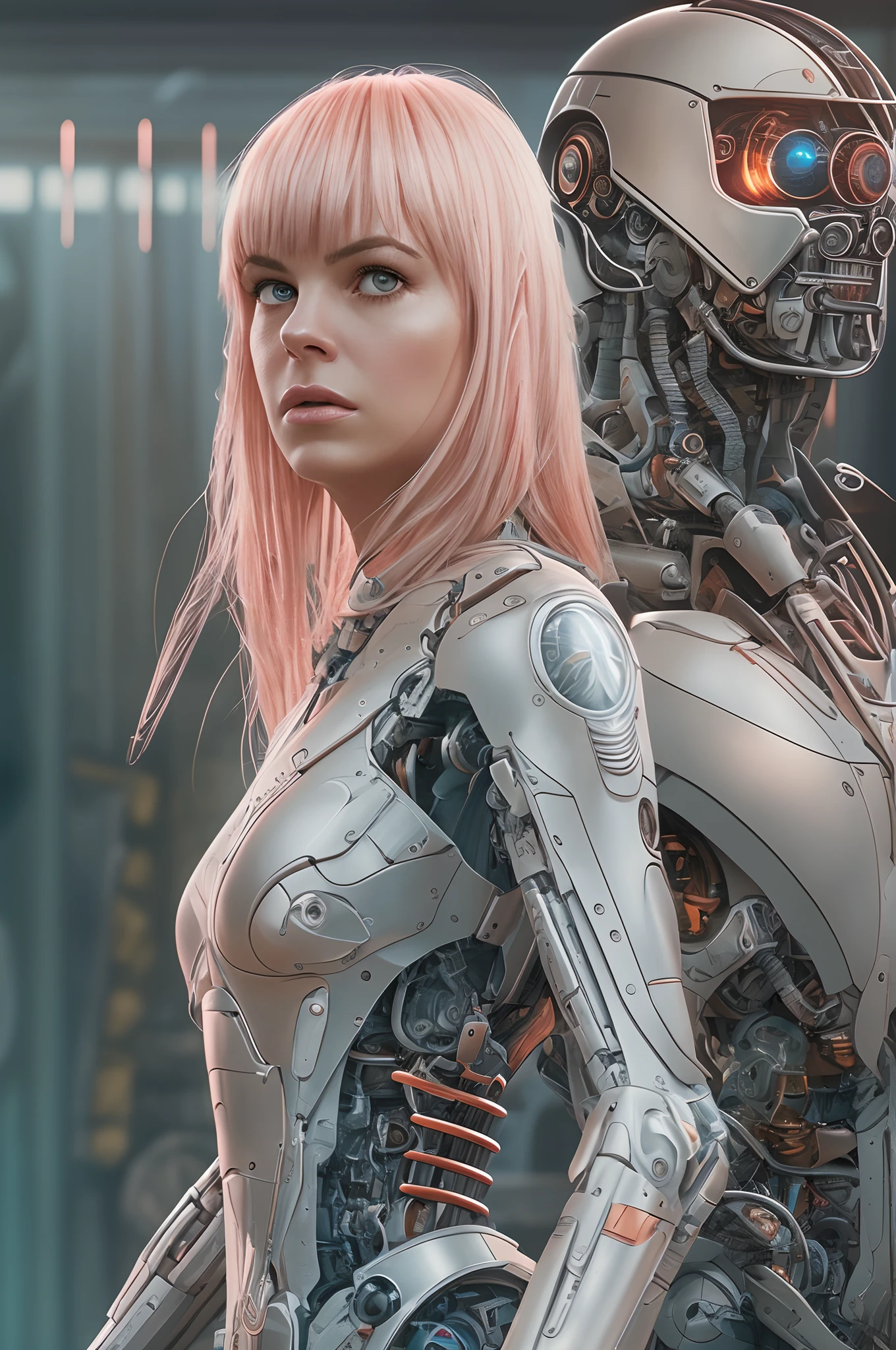 ((beste-Qualit)), ((tmasterpiece)), ((Realistic)), Ultra-detailed, young Anna Faris and the Cyborg Robot, (Standing back to back), Mechanisms under a part of the skin, short circuit, rays of light, surrealism, (Иллюстрация Ed-Emshwiller), Extreme detail, octane —AP 2:3 —q 4 —v 5.1 —s 750