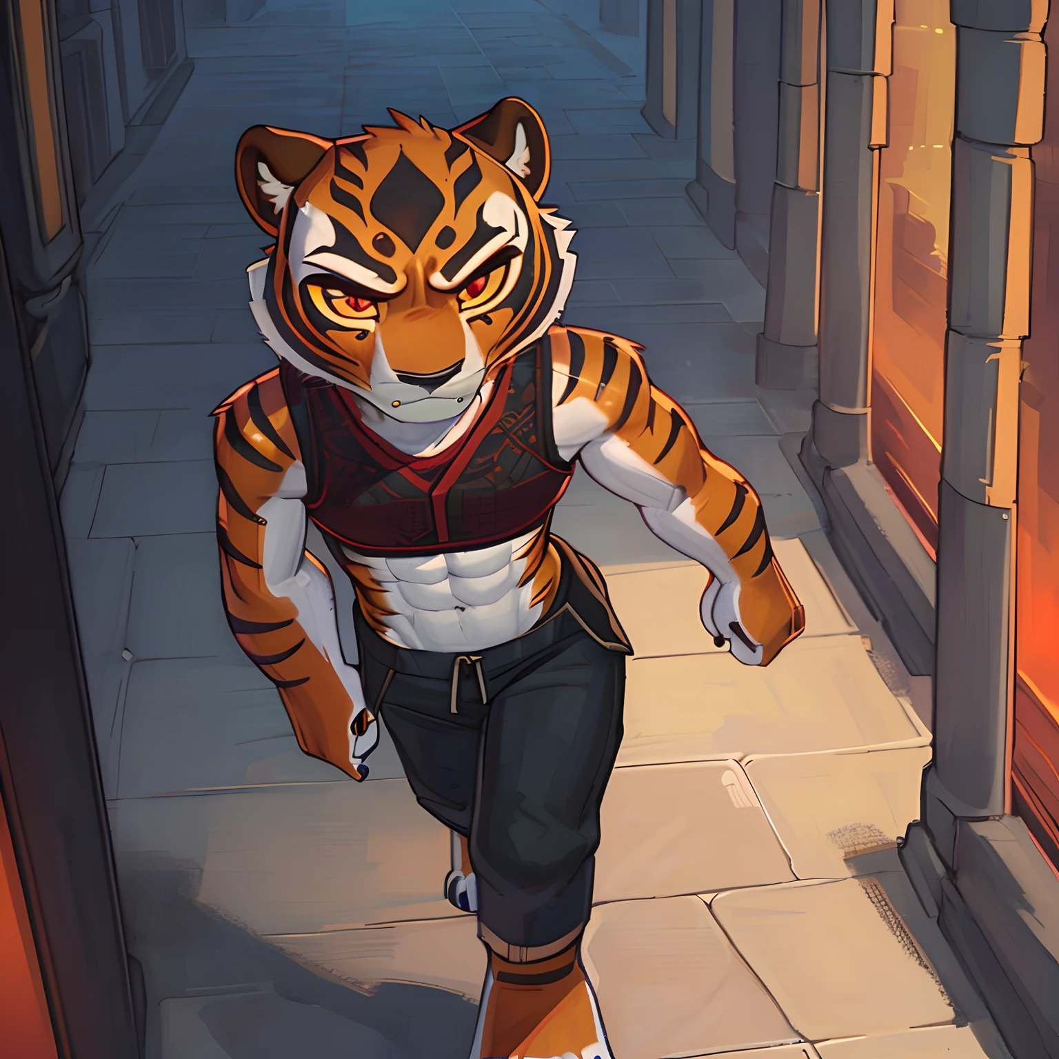 [mastertigress], [Uploaded to e621.net; (Pixelsketcher), (wamudraws)], ((masterpiece)), ((solo portrait)), ((full body)), ((bird's-eye view)), ((feet visible)), ((furry; anthro tiger)), ((detailed fur)), ((cel shading)), ((intricate details)), ((detailed shading)), ((beautiful render art)), {anthro tiger; orange fur, black stripes, tiger tail, black nose, beautiful red eyes, (yellow sclera), (angry), (fang), (sweat on face), (defined abs), (defined muscles), (medium boobs), (thin curvaceous hips)}, {(red vest), (midriff), (black baggy pants), (tape on ankles), (tape on wrists), (beautiful feet), (black claws)}, {(walking), (looking at viewer)}, [background; (shaolin temple), (orange sky), (sunset)]