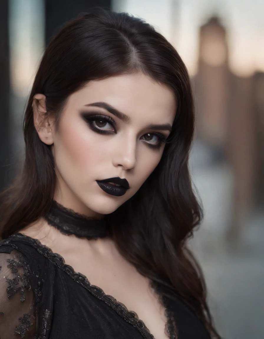 Best quality, masterpiece, ultra high res, photorealistic, raw photo, unity 8k wallpaper,punk,(black lips:1.3),(black eyeshadow:1.3),parted lips,((upper body))