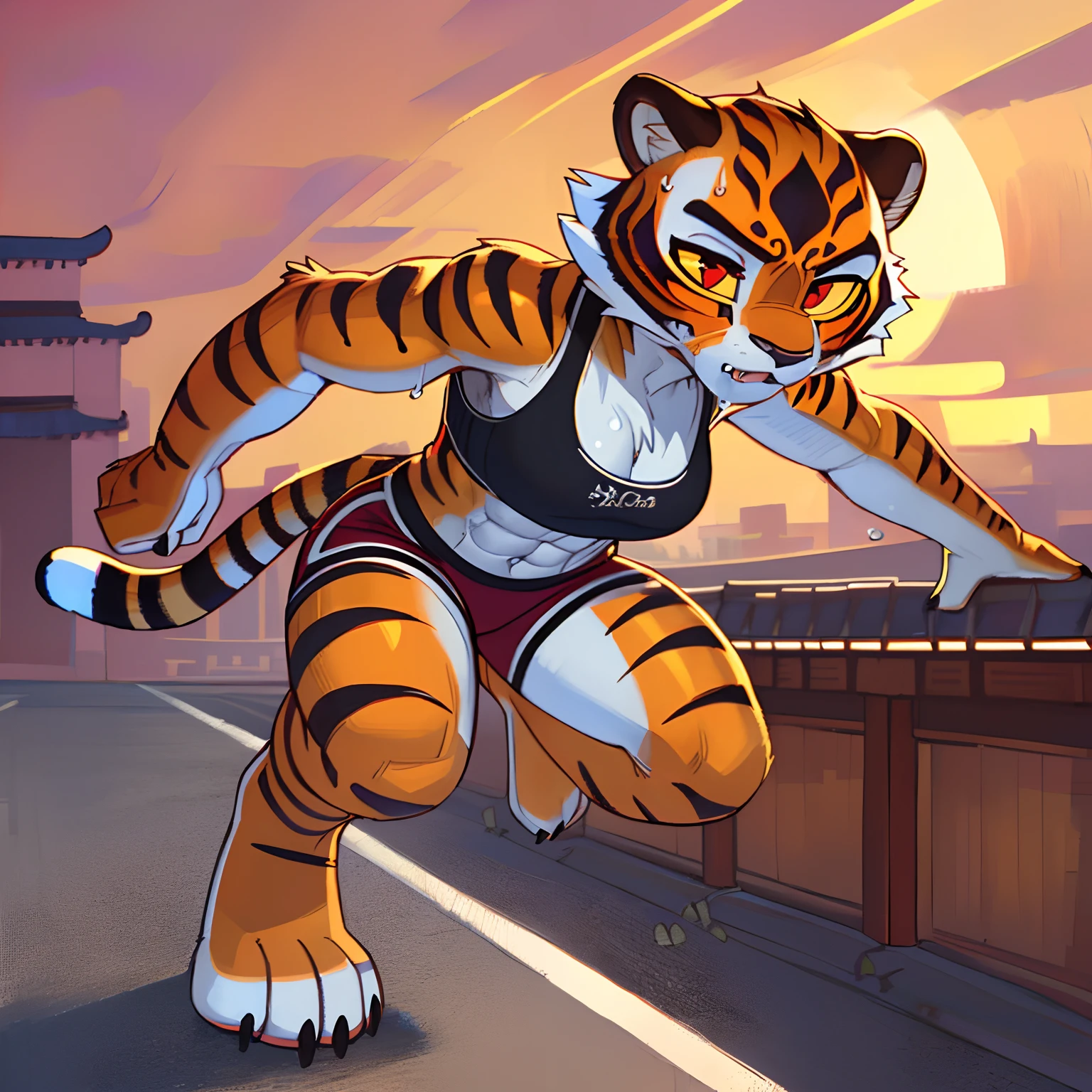 [mastertigress], [Uploaded to e621.net; (Pixelsketcher), (wamudraws)], ((masterpiece)), ((solo portrait)), ((full body)), ((front view)), ((feet visible)), ((furry; anthro tiger)), ((detailed fur)), ((cel shading)), ((intricate details)), ((detailed shading)), ((beautiful render art)), {anthro tiger; orange fur, black stripes, black nose, beautiful red eyes, (yellow sclera), (expressionless), (fang), (sweat on face), (defined abs), (defined arm muscles), (defined leg muscles), (thin curvaceous hips)}, {(red sports bra), (red yoga shorts), (cleavage), (beautiful feet), (black claws)}, {(running), (dynamic pose), (looking ahead)}, [background; (chinese town), (orange sky), (sunset)]