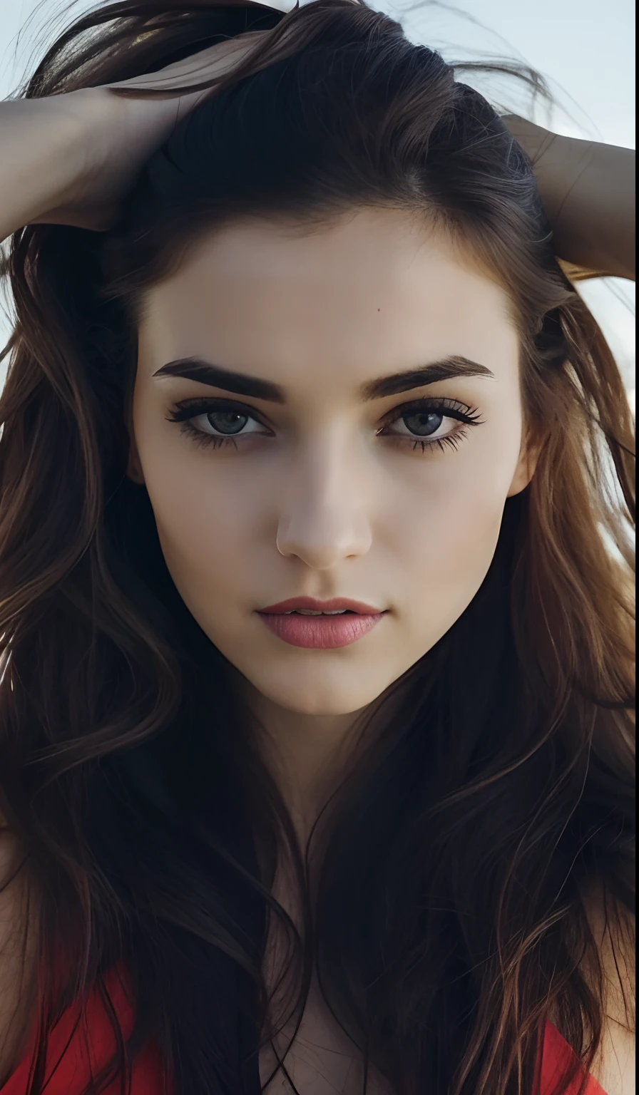 a close up of a woman with long hair and a red top, extremely beautiful face, attractive beautiful face, gorgeous attractive face, perfect face ), attractive female face!!!, perfect face and eyes, brown hair and large eyes, gorgeous face, detailed perfect face, very beautiful face, beautiful perfect face, close-up perfect face, feminine beautiful face, beautiful delicate face