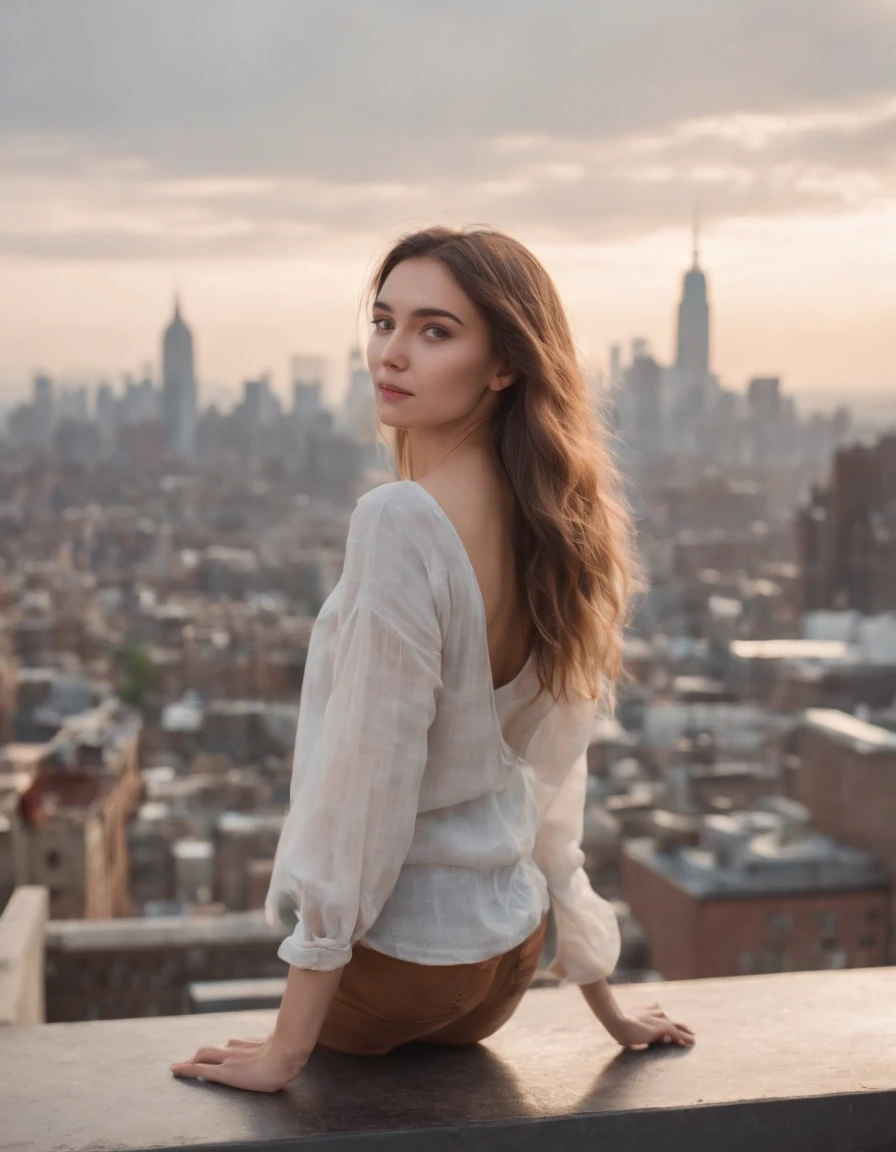 1girl,Balancing on a rooftop ledge, she gazes at the city skyline, a sense of freedom in her heart,((upper body))