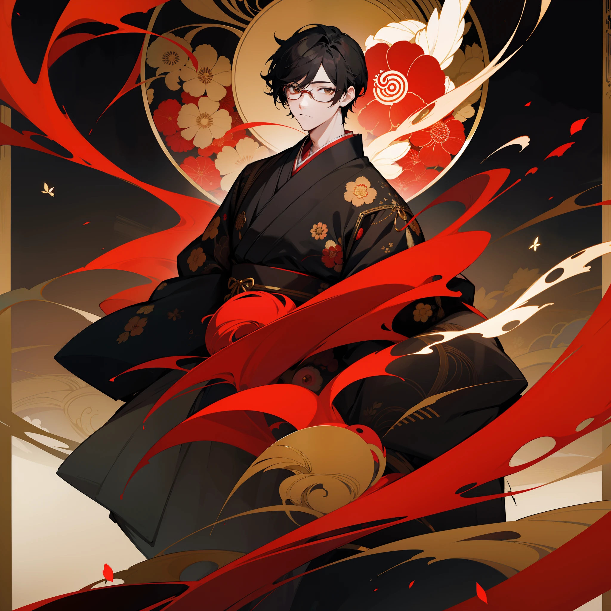 florals、Black world, red and gold、Japanese dress、male people、A dark-haired、Top image quality、supreme、eye glass、Logo style、short-haired、