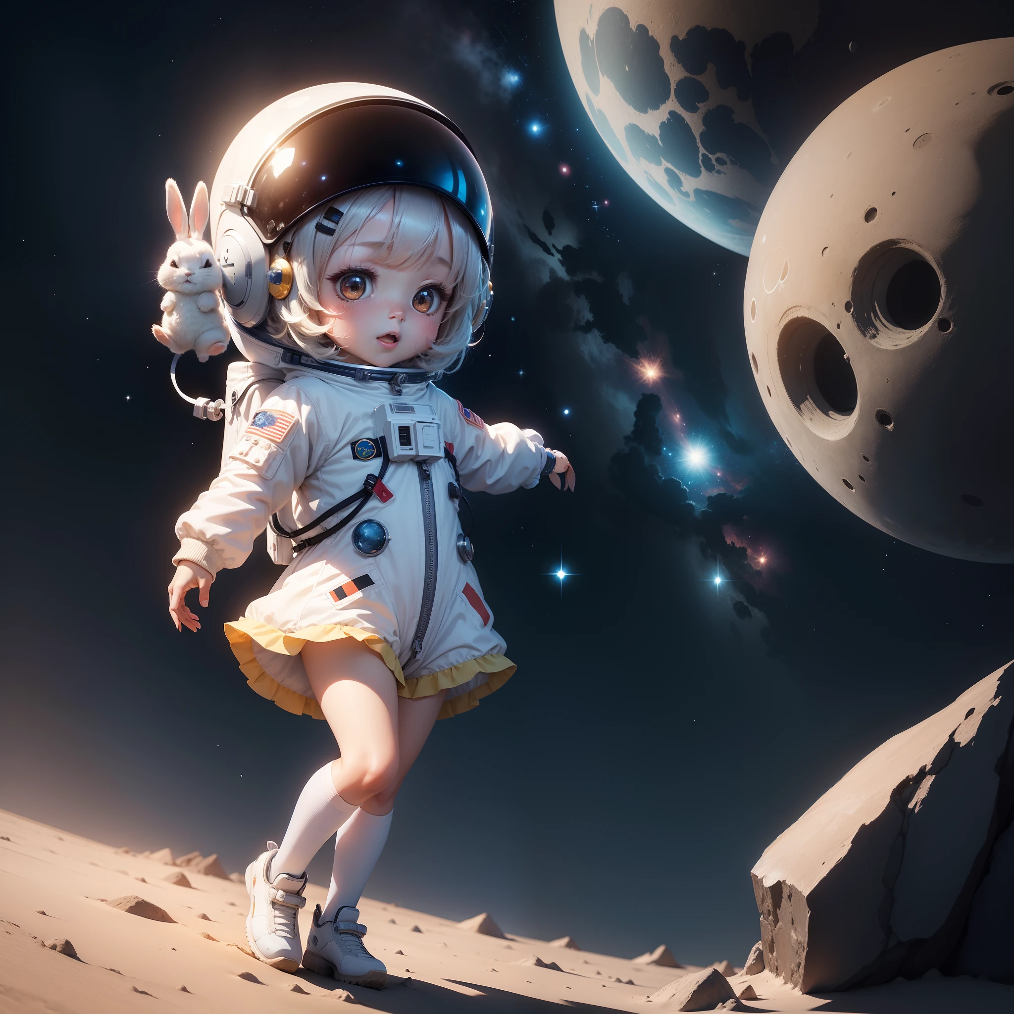 「A cute chibi character in an astronaut suit、Draw a picture of meeting a rabbit on the moon。Chibi Chara is wearing brightly colored astronaut suits.、I'm wearing a pretty helmet。hem(Or she)Standing on the ground of the moon、Reaching out to the rabbit。Rabbits have fluffy white fur.、I'm staring at the chibi character with cute eyes。Stars shine in the background of the moon、A beautiful scene that makes you feel outer space spreads out。Please express that the chibi character's expression is happy and excited.。This illustration is、It depicts a fascinating scene where space and cuteness are fused。」