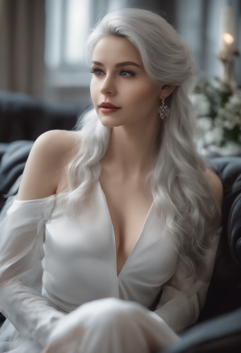 (((1 girl)),ray tracing,(dim lighting),[detailed background (living room)),((silver hair)),(silver hair)),((Fluffy silver hair, plump and slender girl)) with high ponytail))) Avoid golden eyes in the ominous living room ((((Girl wears white opaque shirt, black wrinkled skirt with black transparent stockings), showing a delicate and slender figure and graceful curves, correct limbs, hands behind the head, hands behind the head, hands behind the head , eye details, beautiful eyes, delicate eyes, blue eyes