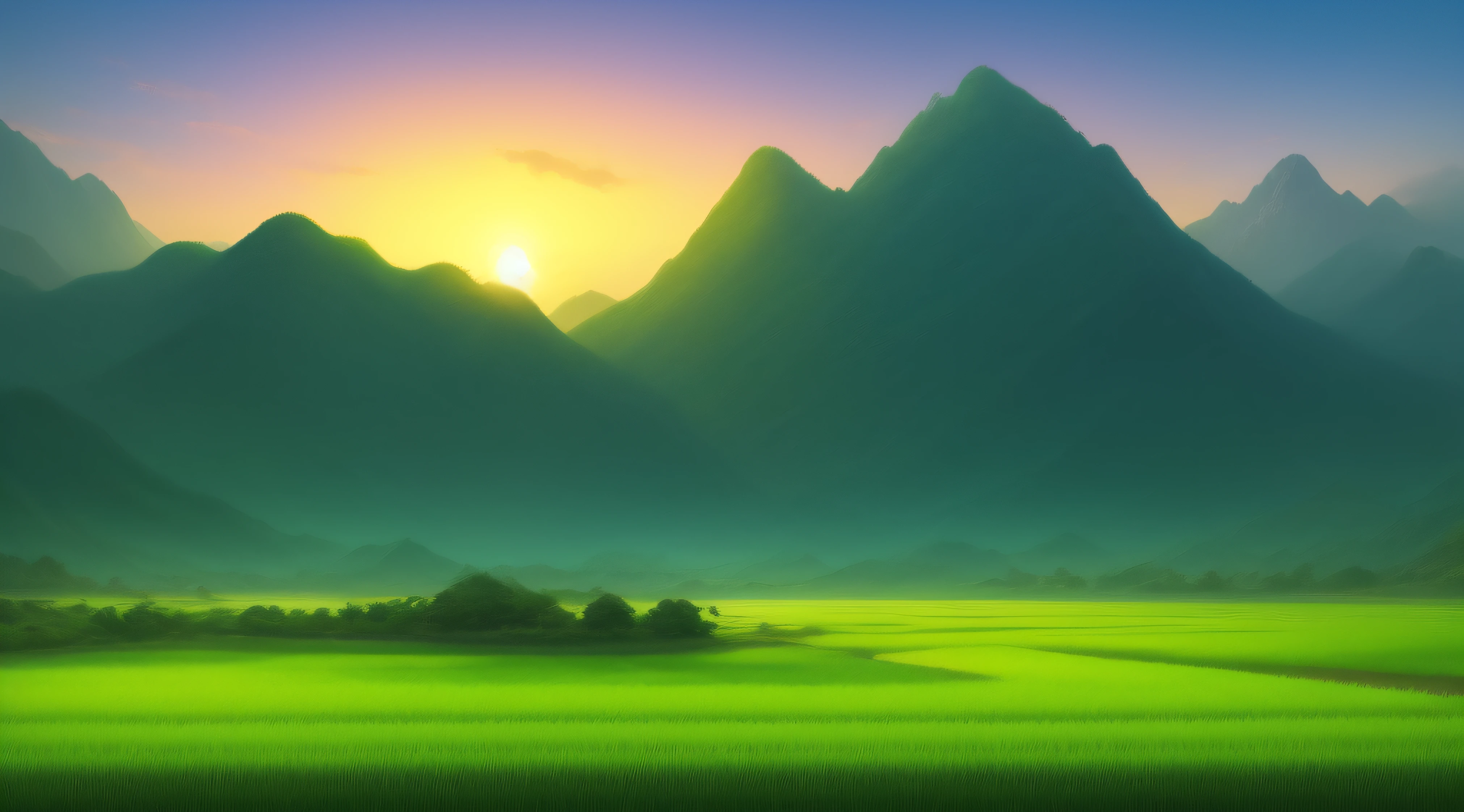 Green rice fields with mountain background, Sunset, large mountains in back, concept-art, Low angle, High detail, Warm lighting, volumetr, godrays, Vivid, Beautiful, trending on artstationh, author：Jordan Grimmer, Huge scene, Grass, Art Greg Rutkowski