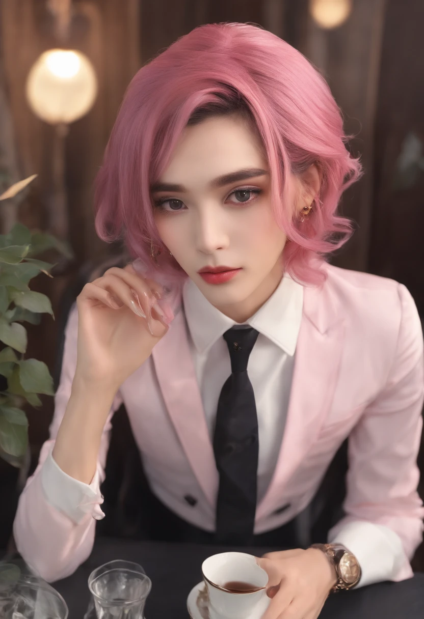 male people、Beautiful skin、long eyelashes、Glaring at me、Pink hair、length hair、bewitching、The shirt、neck tie、Beautiful suit、long limbs、Wolfcut、smoking tobacco、murky、long bangs、Bangs flowing to the left、Thin and beautiful eyebrows