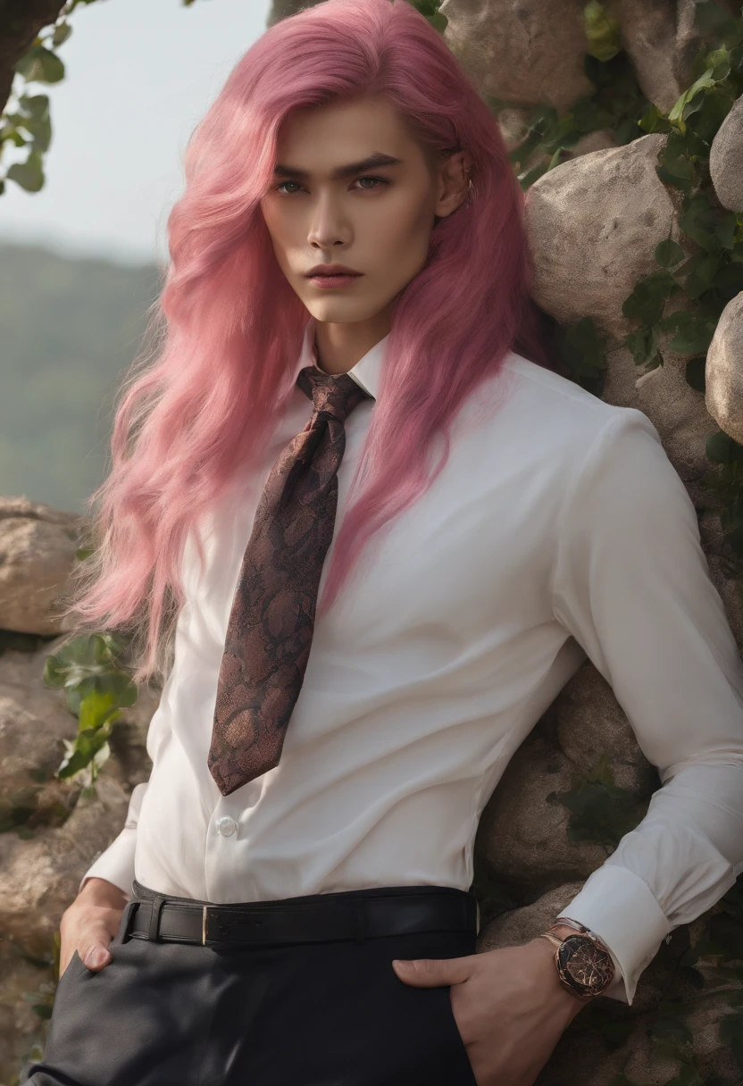 male people、Beautiful skin、long eyelashes、Glaring at me、Pink hair、length hair、bewitching、The shirt、neck tie、Beautiful suit、long limbs、Wolfcut、smoking tobacco、murky、long bangs、Bangs flowing to the left、Thin and beautiful eyebrows