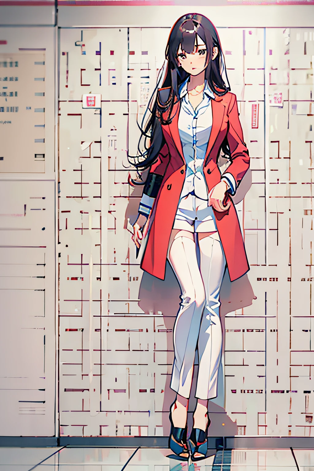 1个Giant Breast Girl，Age 28 years，standing on your feet，dressed in a suit，Holding a folder in his hand，The expression is sweet，mesmerizing eyes，Straight hair，A calm posture，Porcelain-like skin，Subtle blush，a white wall，ultra - detailed，offcial art，统一 8k 壁纸，2.5D thick coating，Characters shrink，fully body photo，Wear high heels